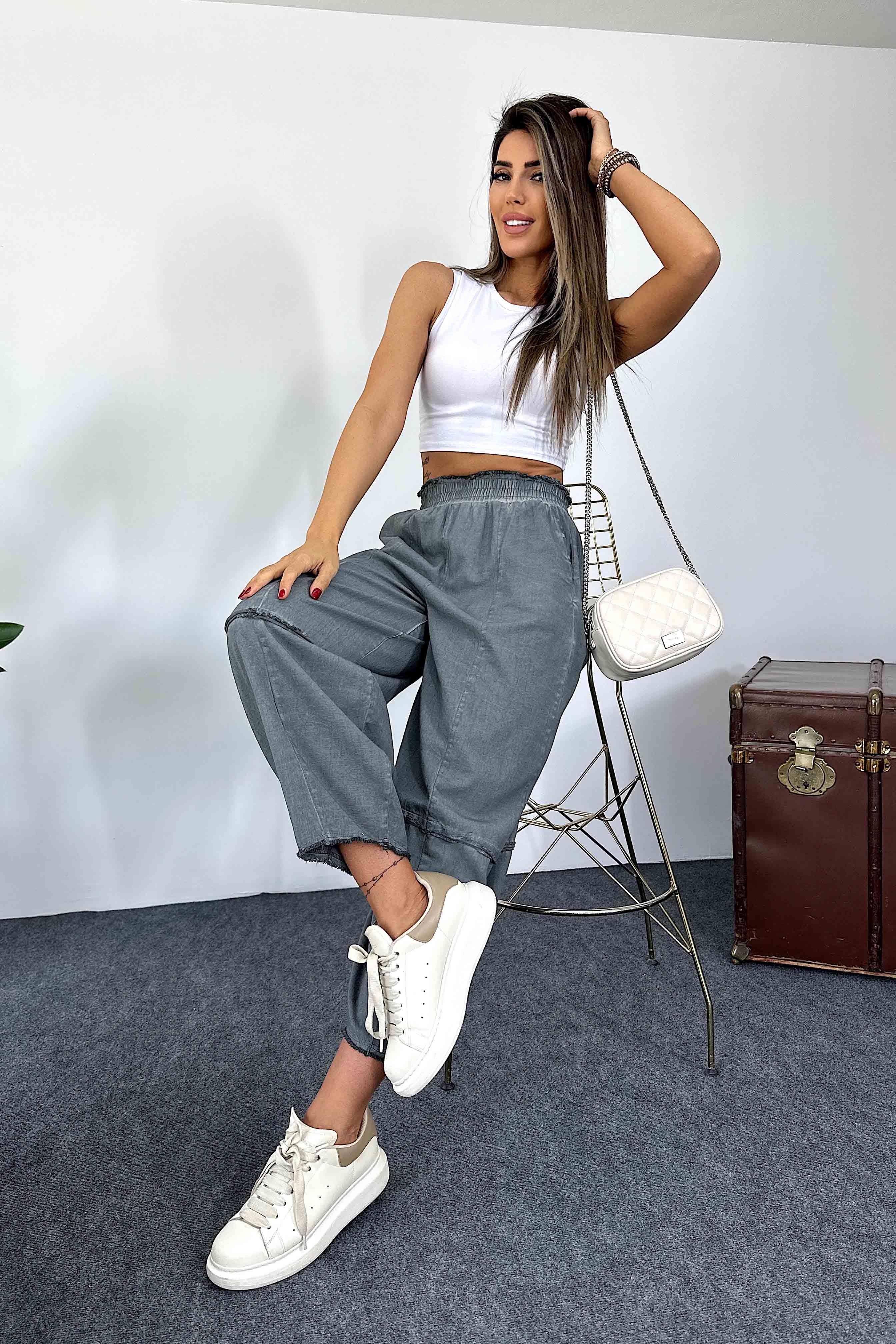 Pamuklu İnce Denim Kumaş Salaş Şalvar Pantolon Antrasit · 5