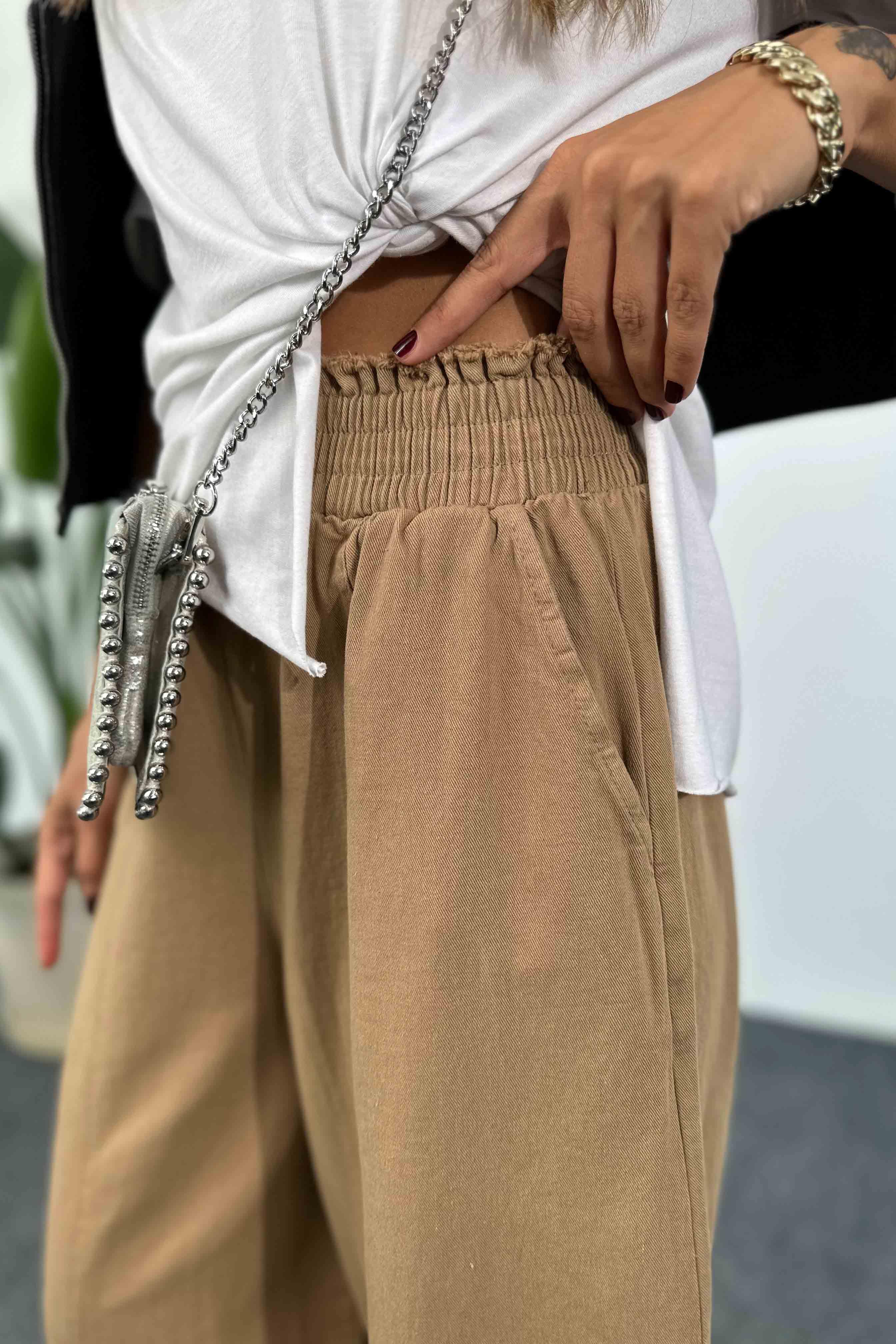 Pamuklu İnce Denim Kumaş Salaş Şalvar Pantolon Camel · 6