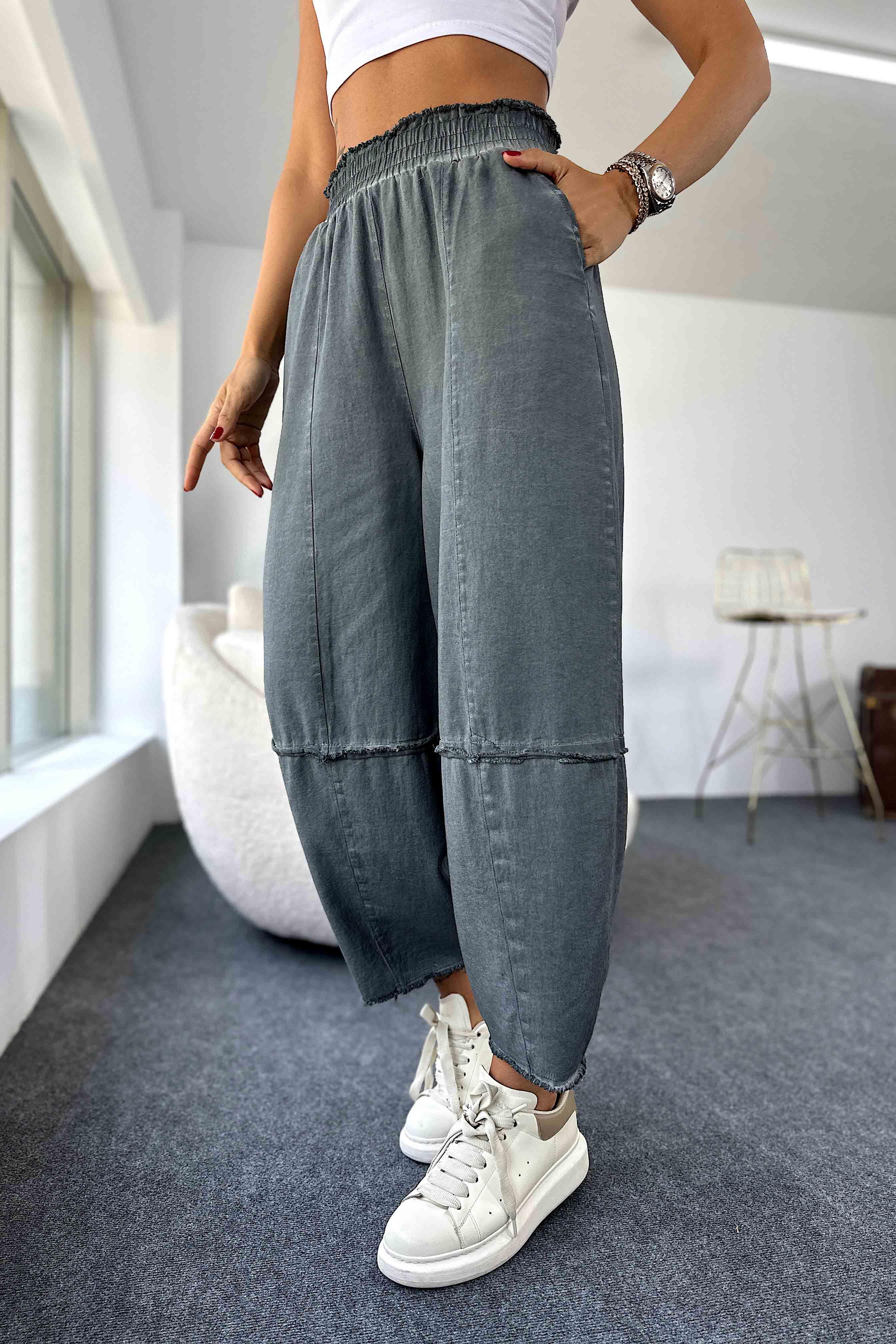 Pamuklu İnce Denim Kumaş Salaş Şalvar Pantolon Antrasit · 2