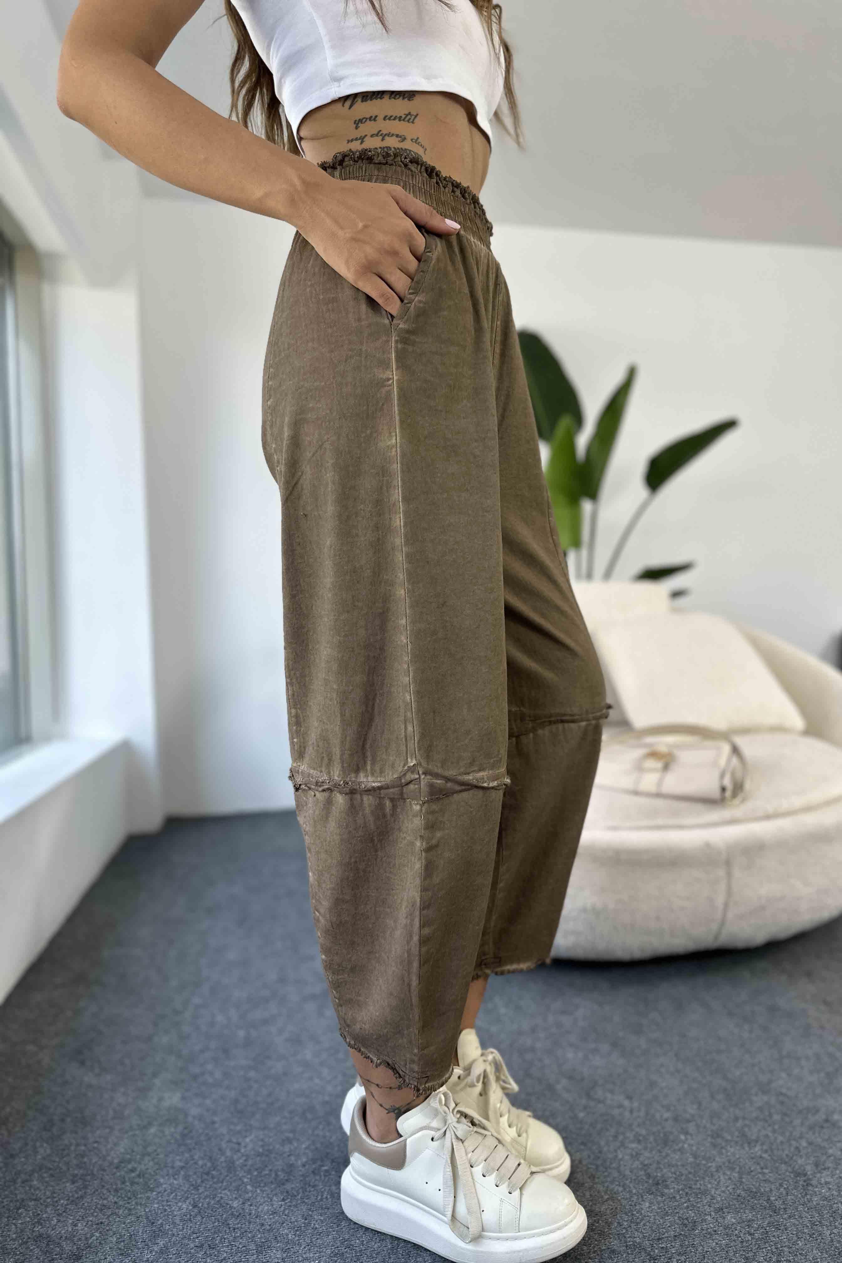 Pamuklu İnce Denim Kumaş Salaş Şalvar Pantolon Acı Kahve · 4