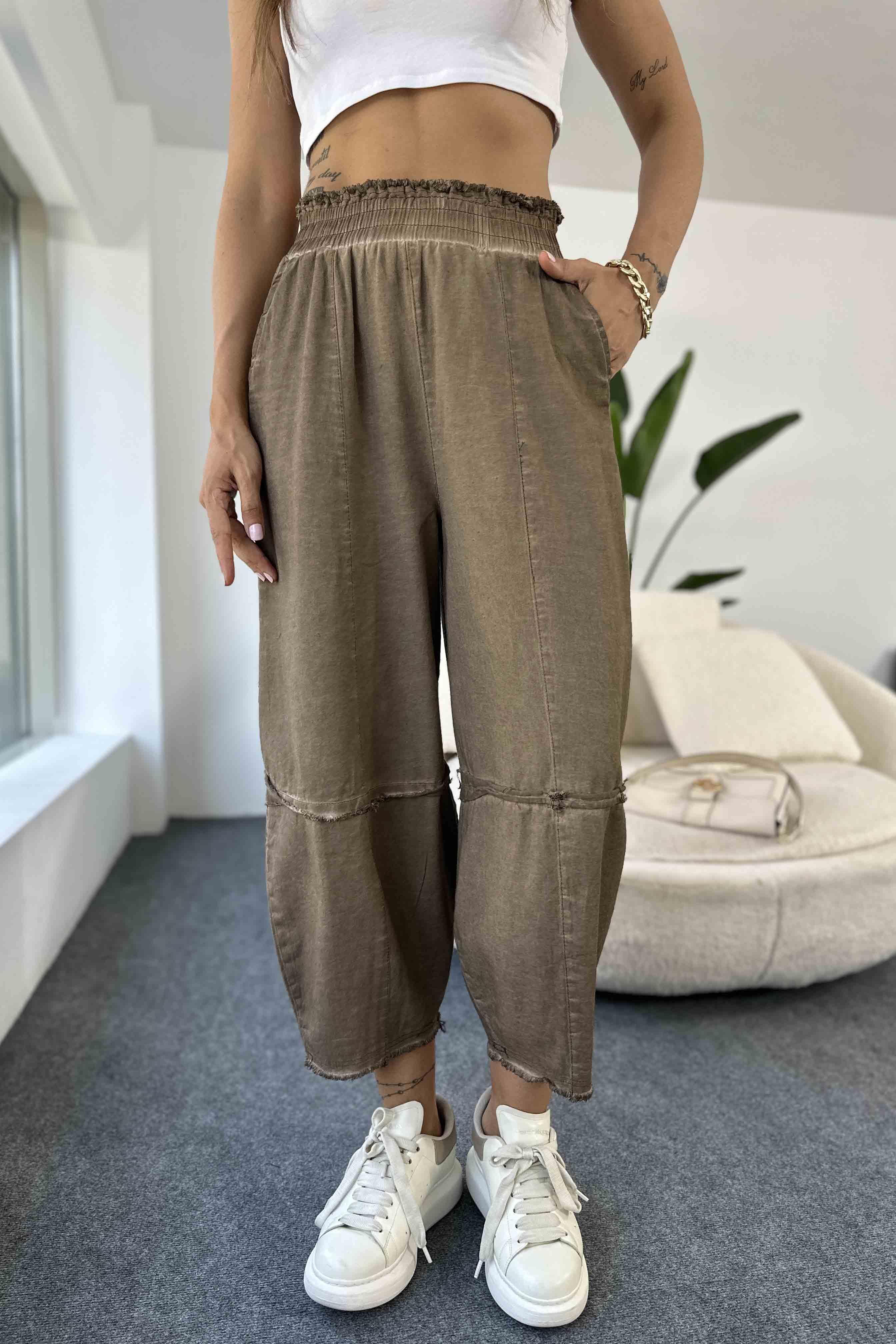 Pamuklu İnce Denim Kumaş Salaş Şalvar Pantolon Acı Kahve · 2