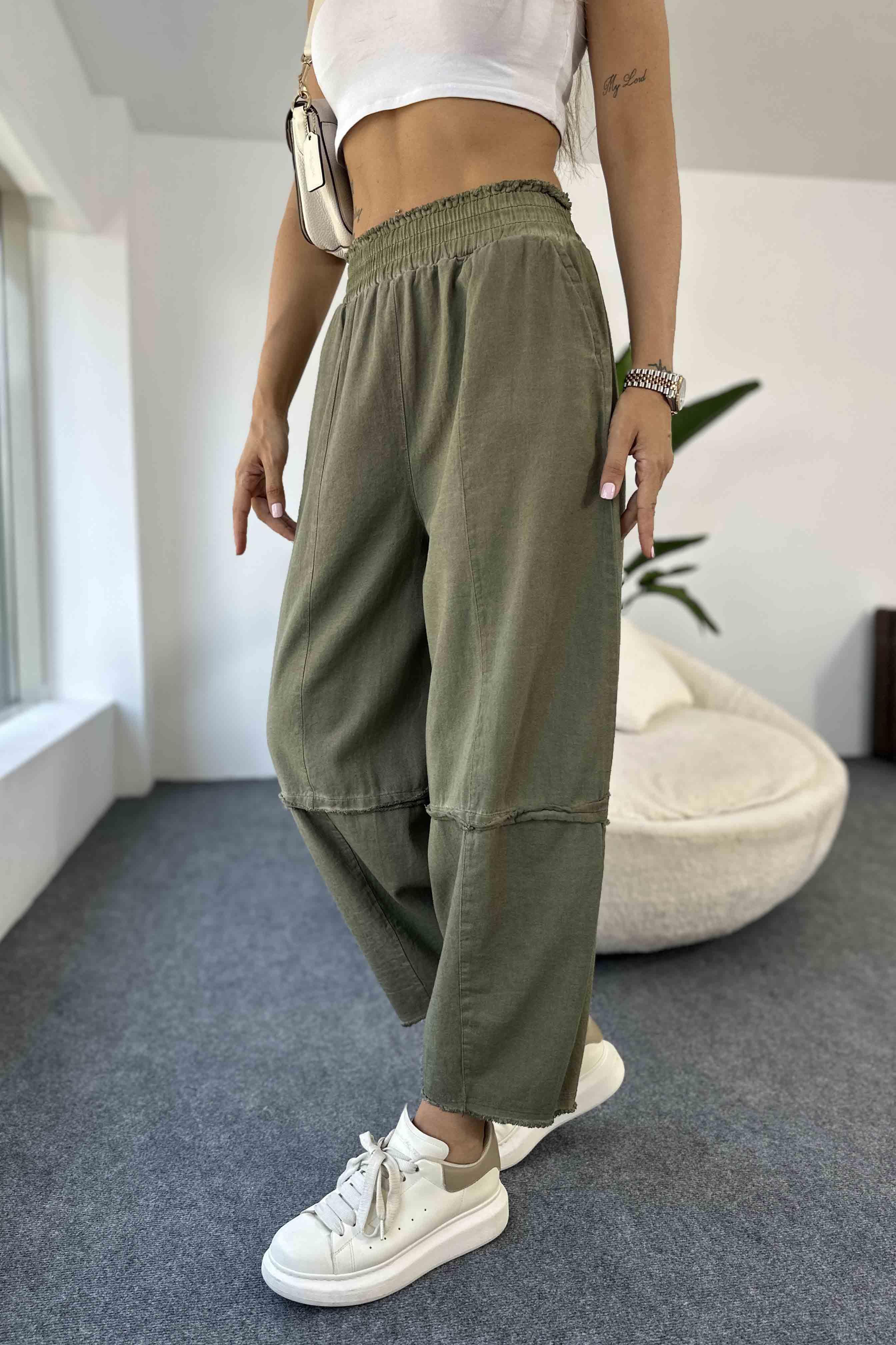 Pamuklu İnce Denim Kumaş Salaş Şalvar Pantolon Haki · 5