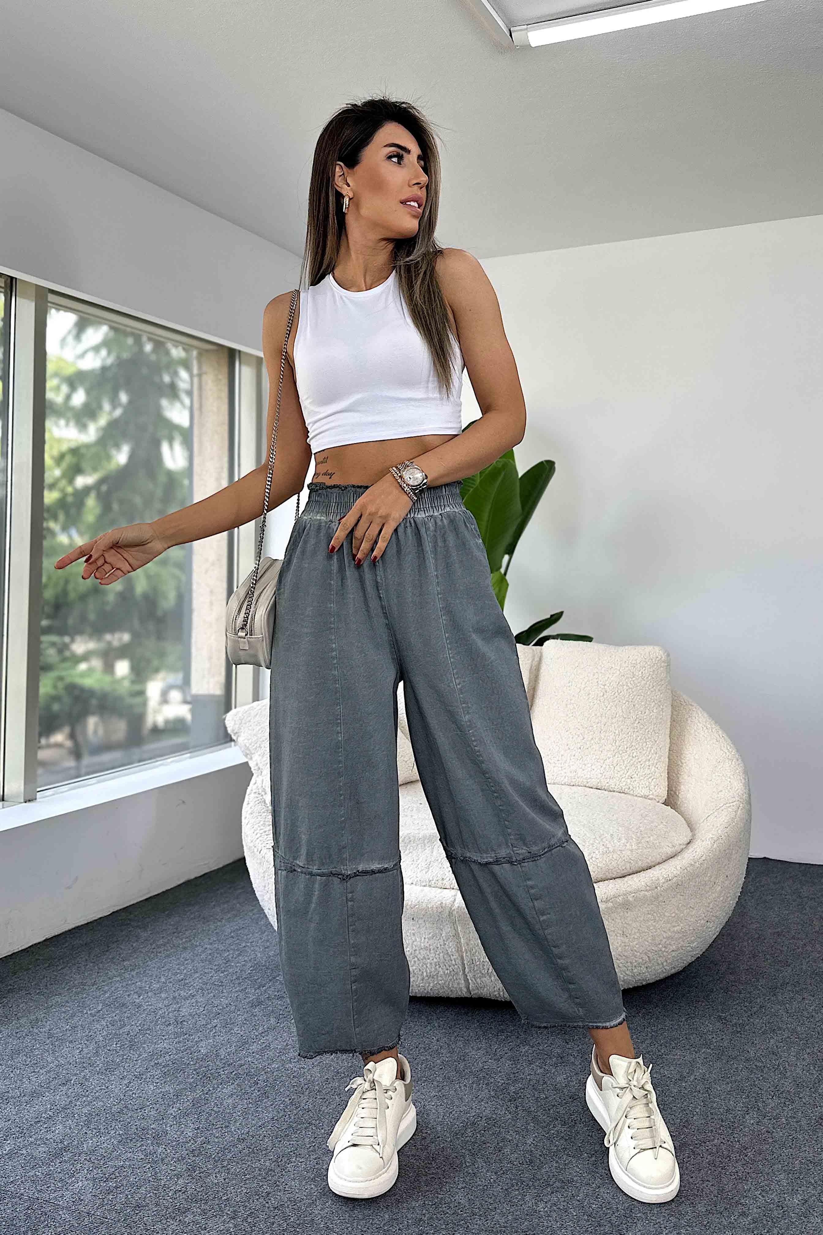 Pamuklu İnce Denim Kumaş Salaş Şalvar Pantolon Antrasit · 4