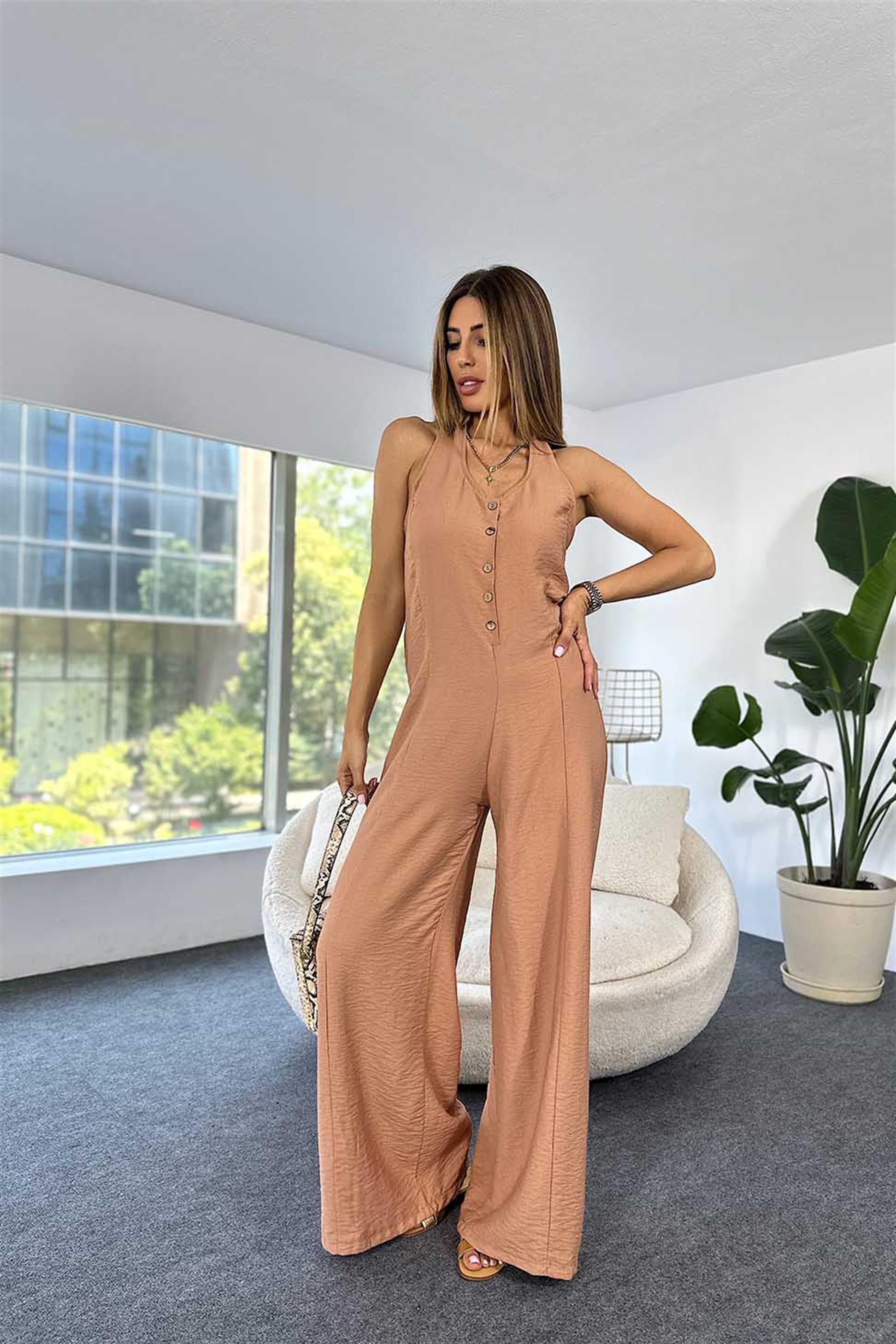 Pamuklu Krep Kumaş Boyundan Bağlamalı Salaş Kadın Tulum Camel