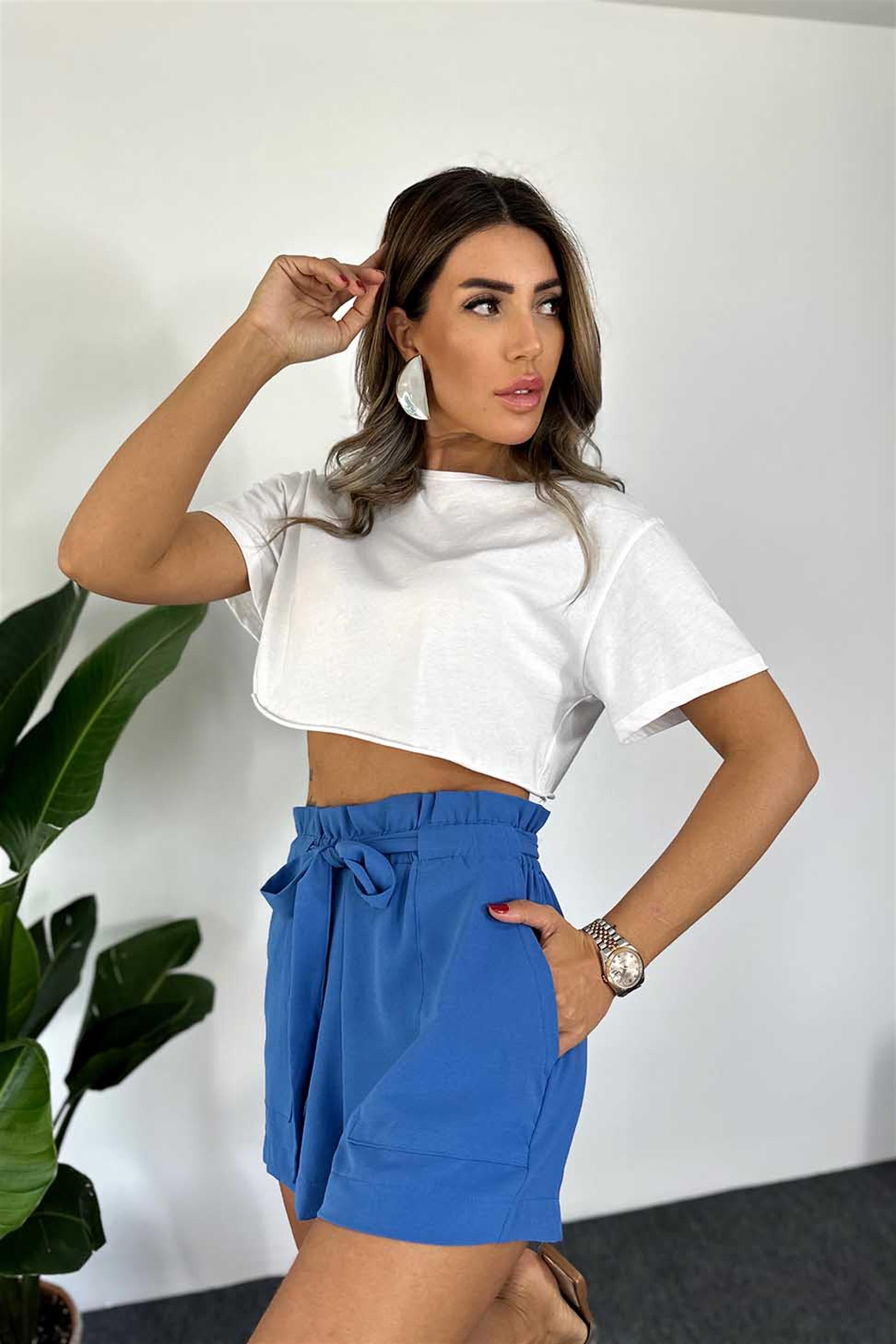 Pamuklu Kumaş Beli Lastikli ve Kuşaklı Şort İndigo Mavisi