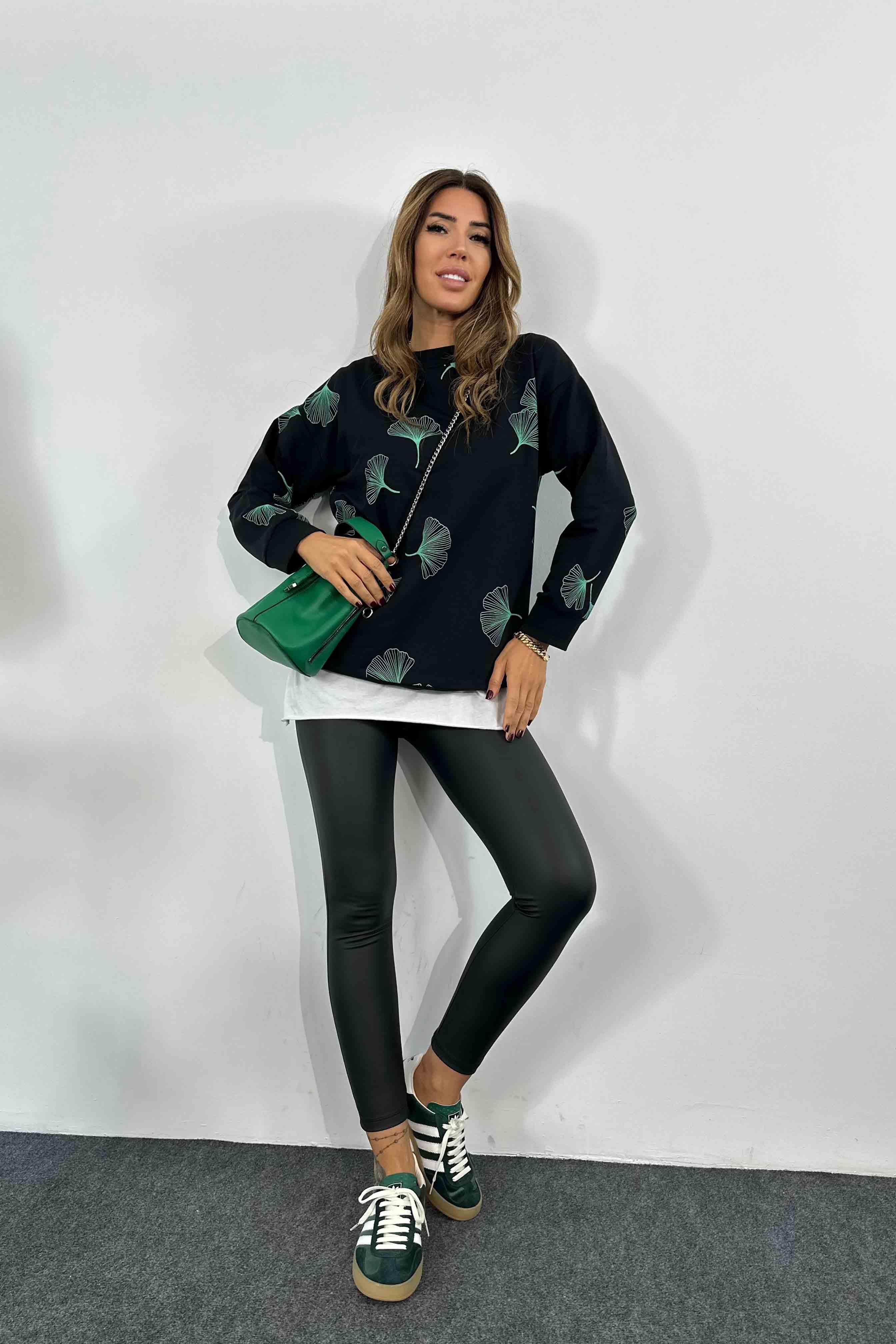 Pamuklu Kumaş Desen Detaylı Kadın Sweatshirt Siyah