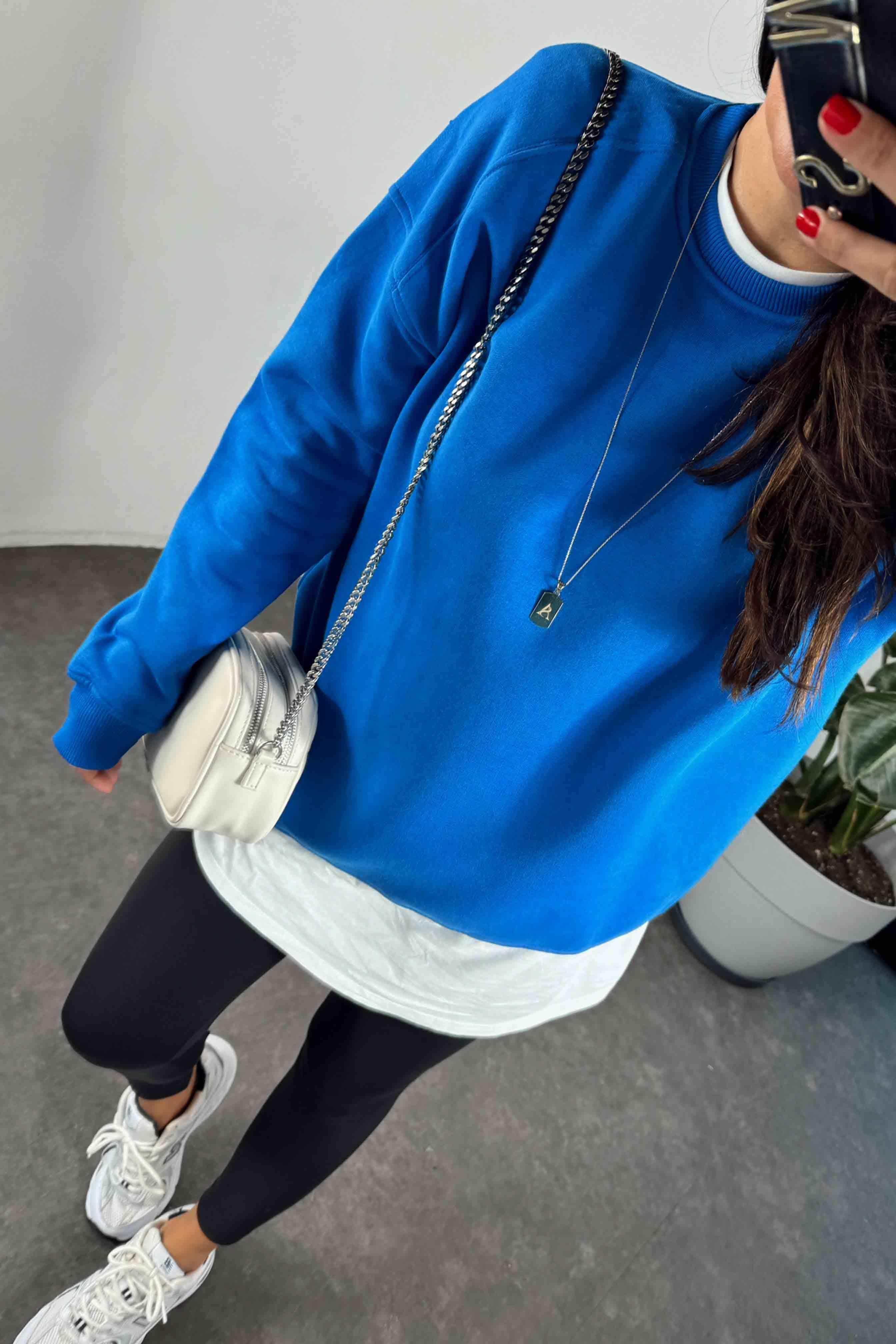 Pamuklu Kumaş İçi Şardonlu Oversize Sweatshirt Mavi