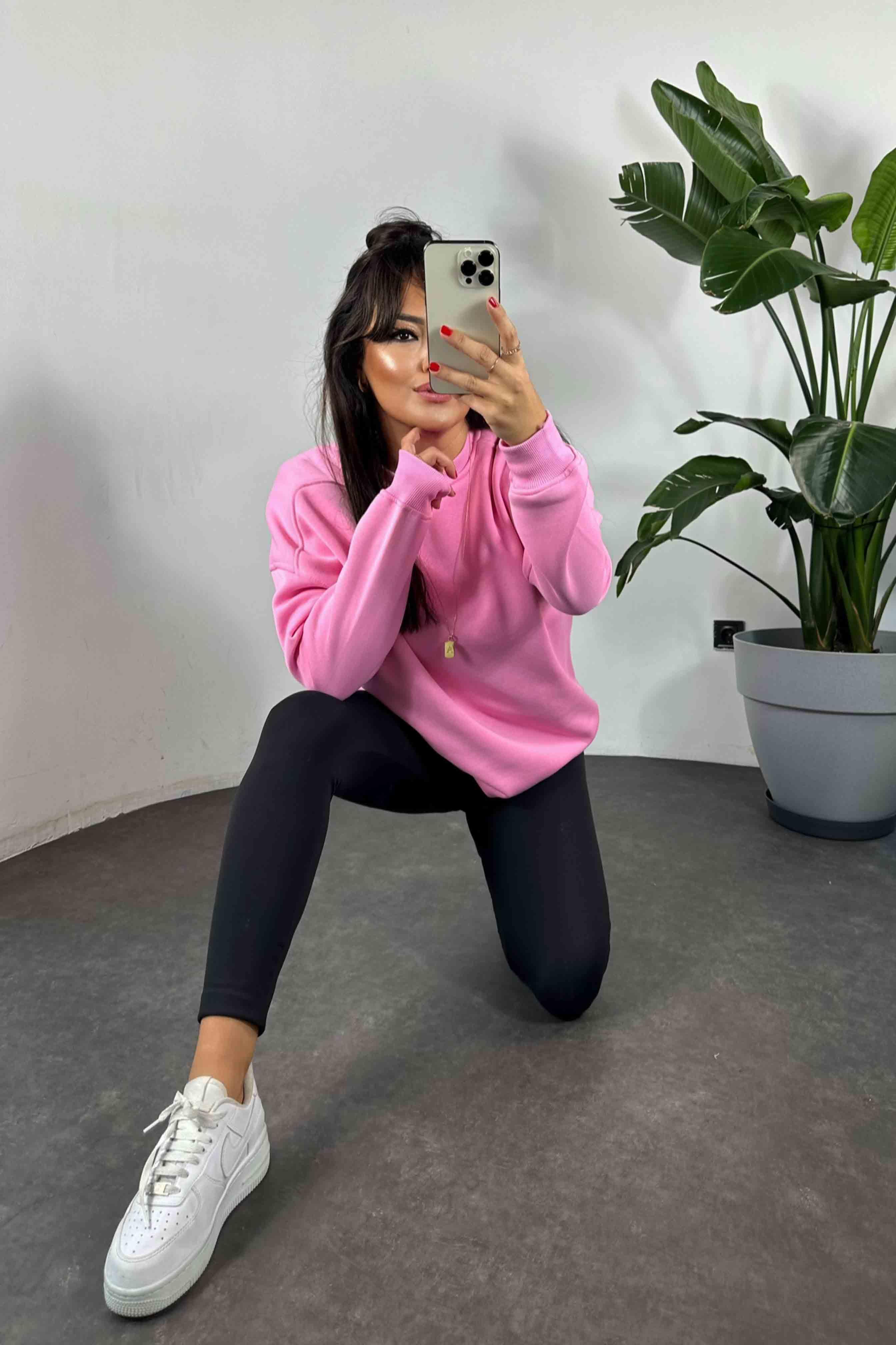 Pamuklu Kumaş İçi Şardonlu Oversize Sweatshirt Pembe