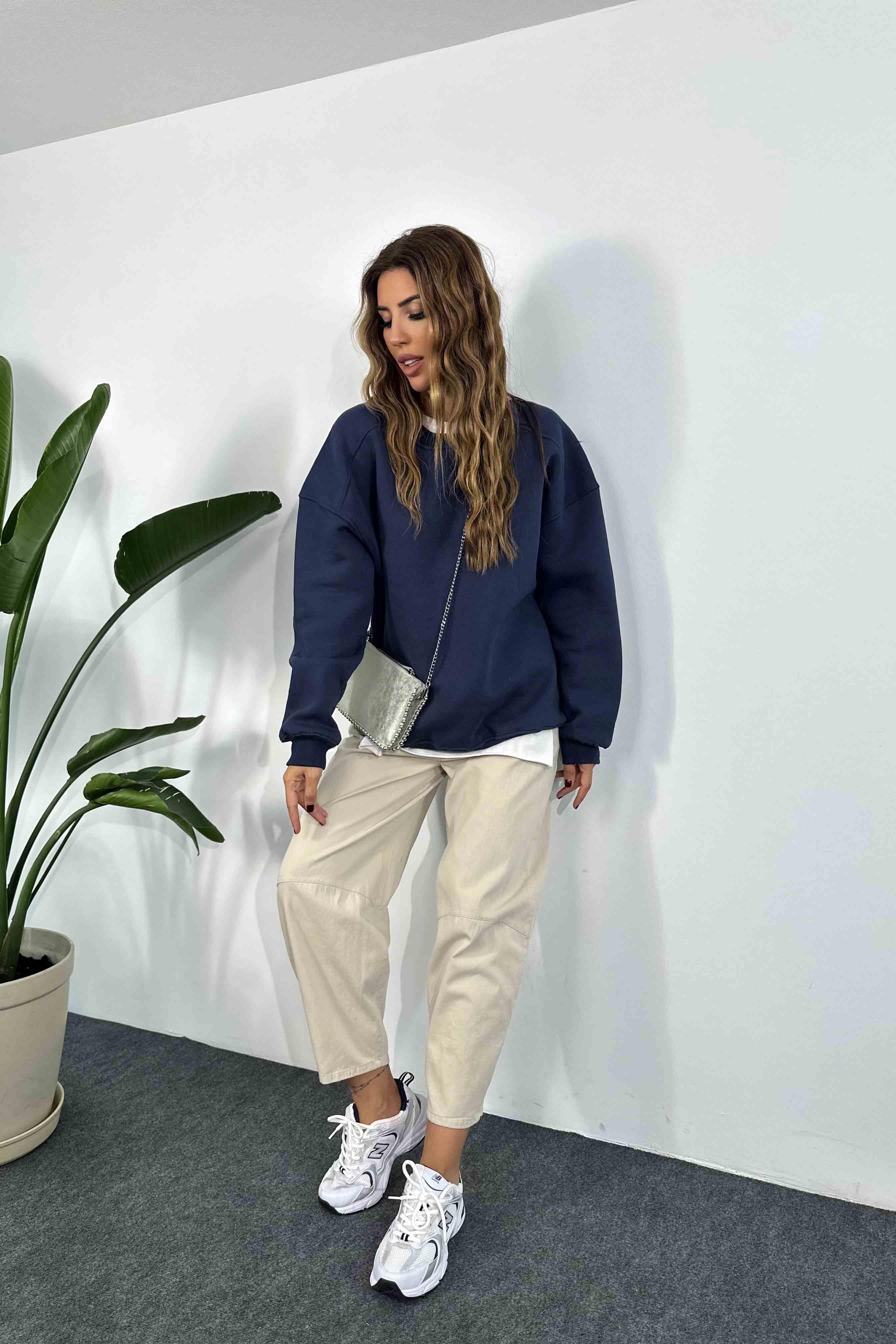 Pamuklu Kumaş İçi Şardonlu Oversize Sweatshirt Lacivert
