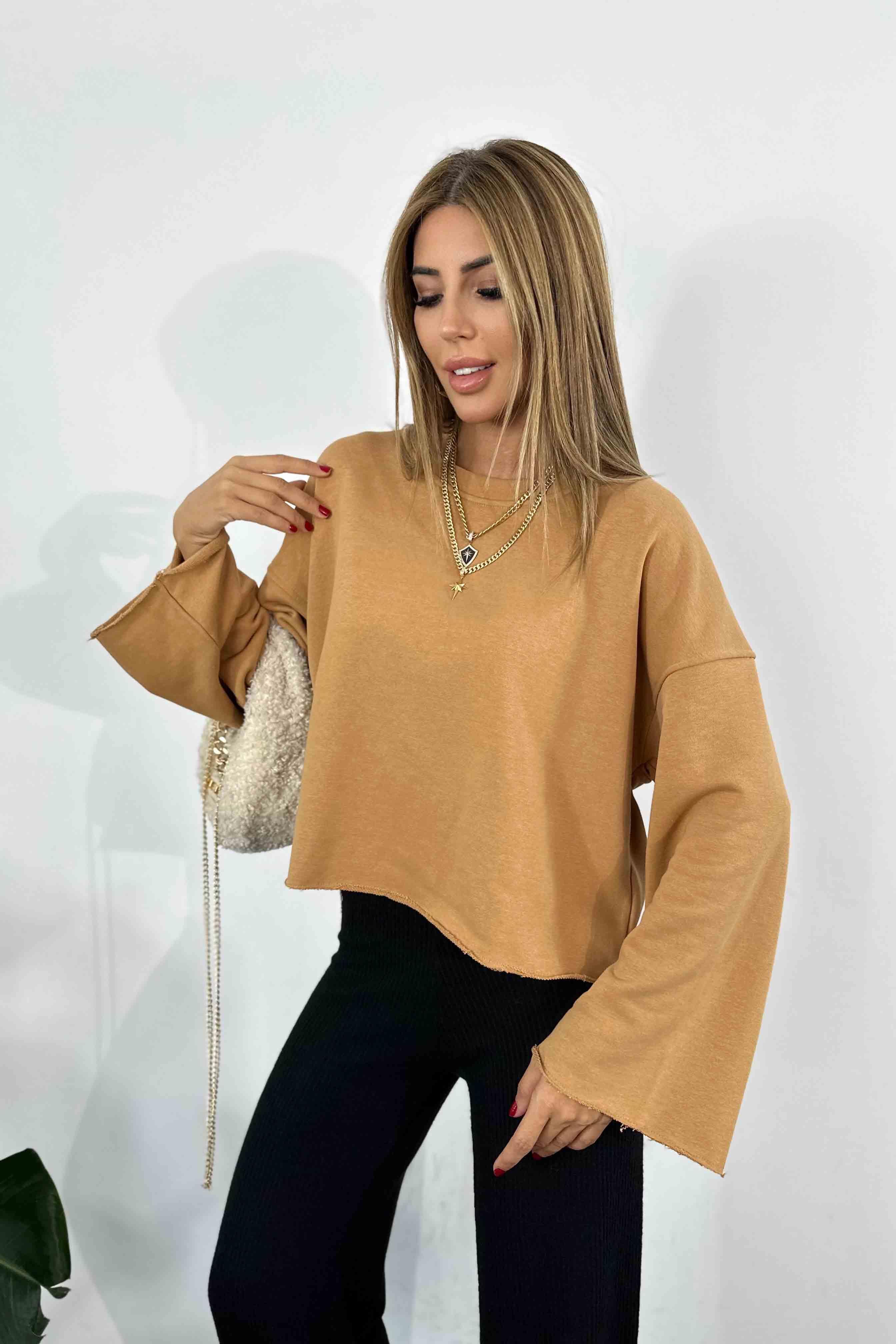 Pamuklu Lazer Kesim Crop Sweatshirt Camel