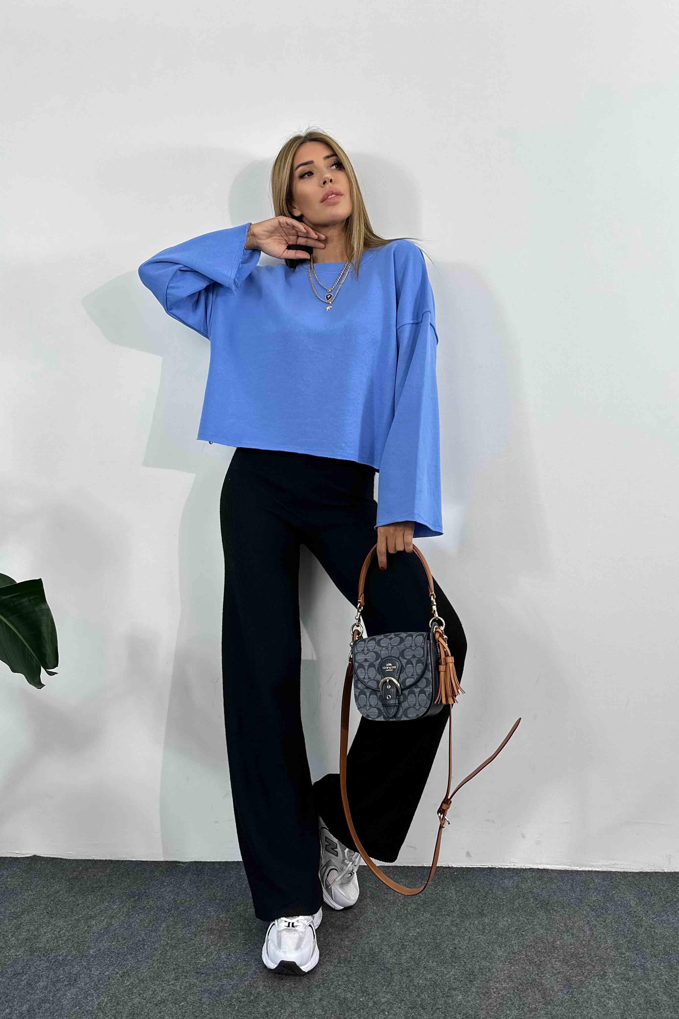 Pamuklu Lazer Kesim Crop Sweatshirt Mavi