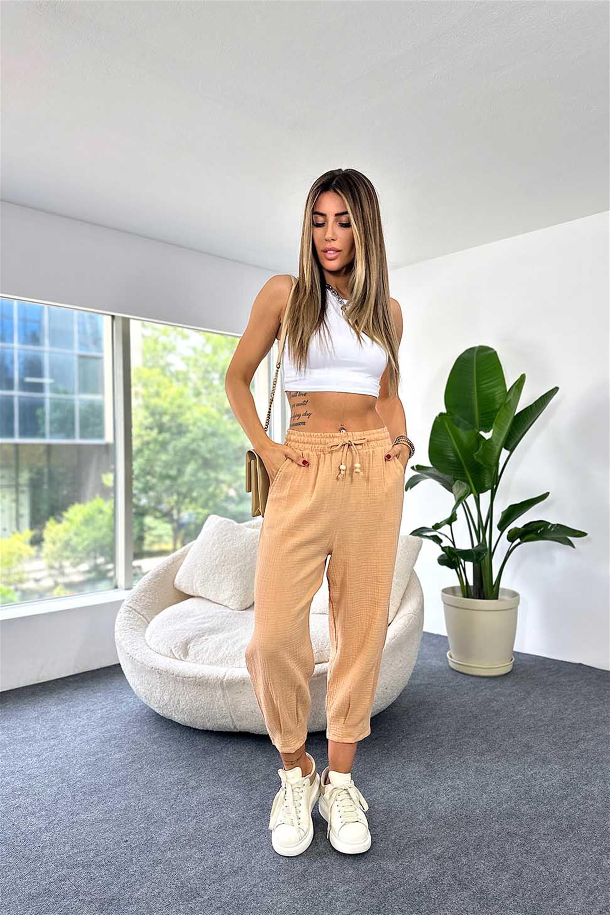 Pamuklu Müslin Kumaş Beli Lastikli Şalvar Pantolon Camel