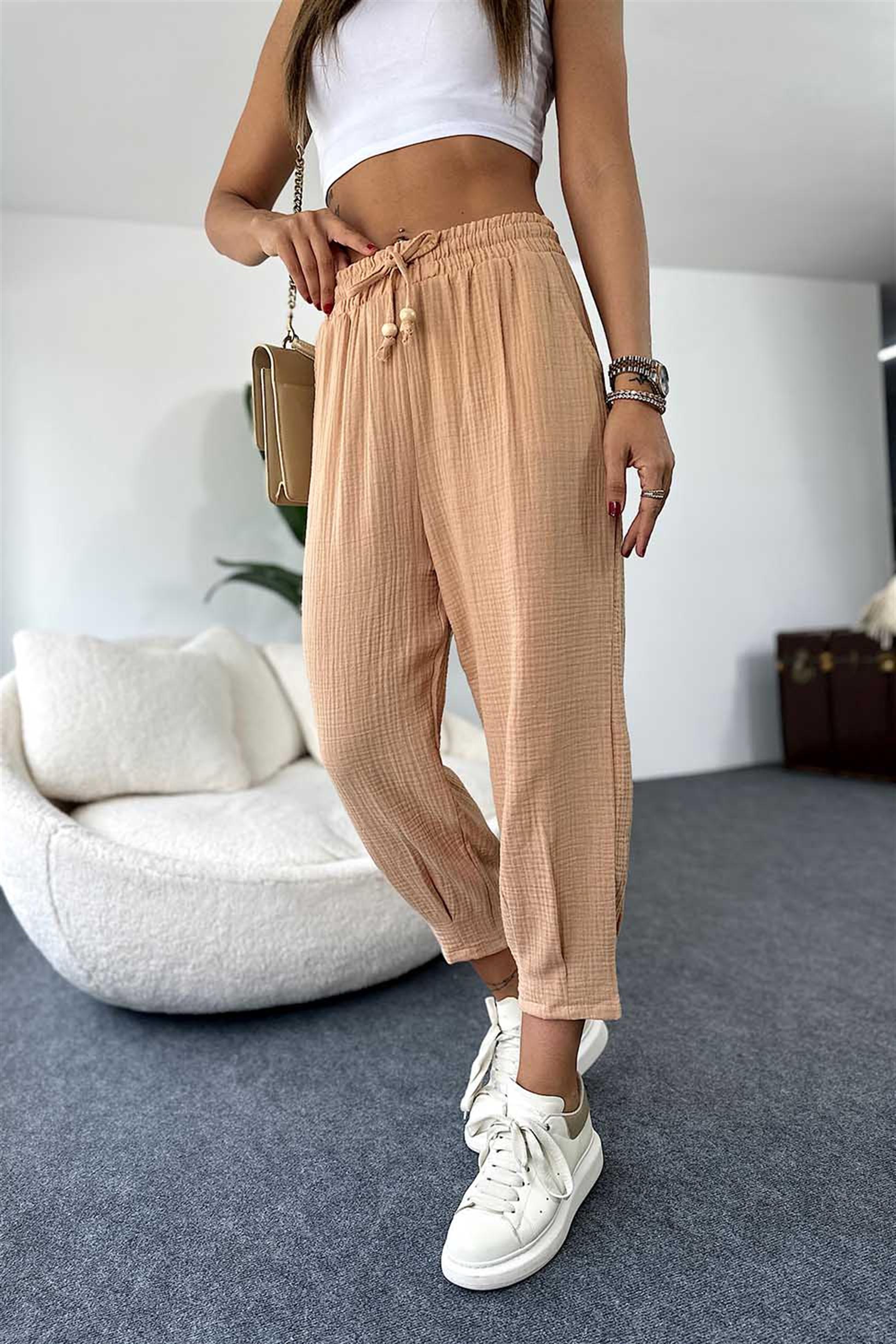 Pamuklu Müslin Kumaş Beli Lastikli Şalvar Pantolon Camel · 7