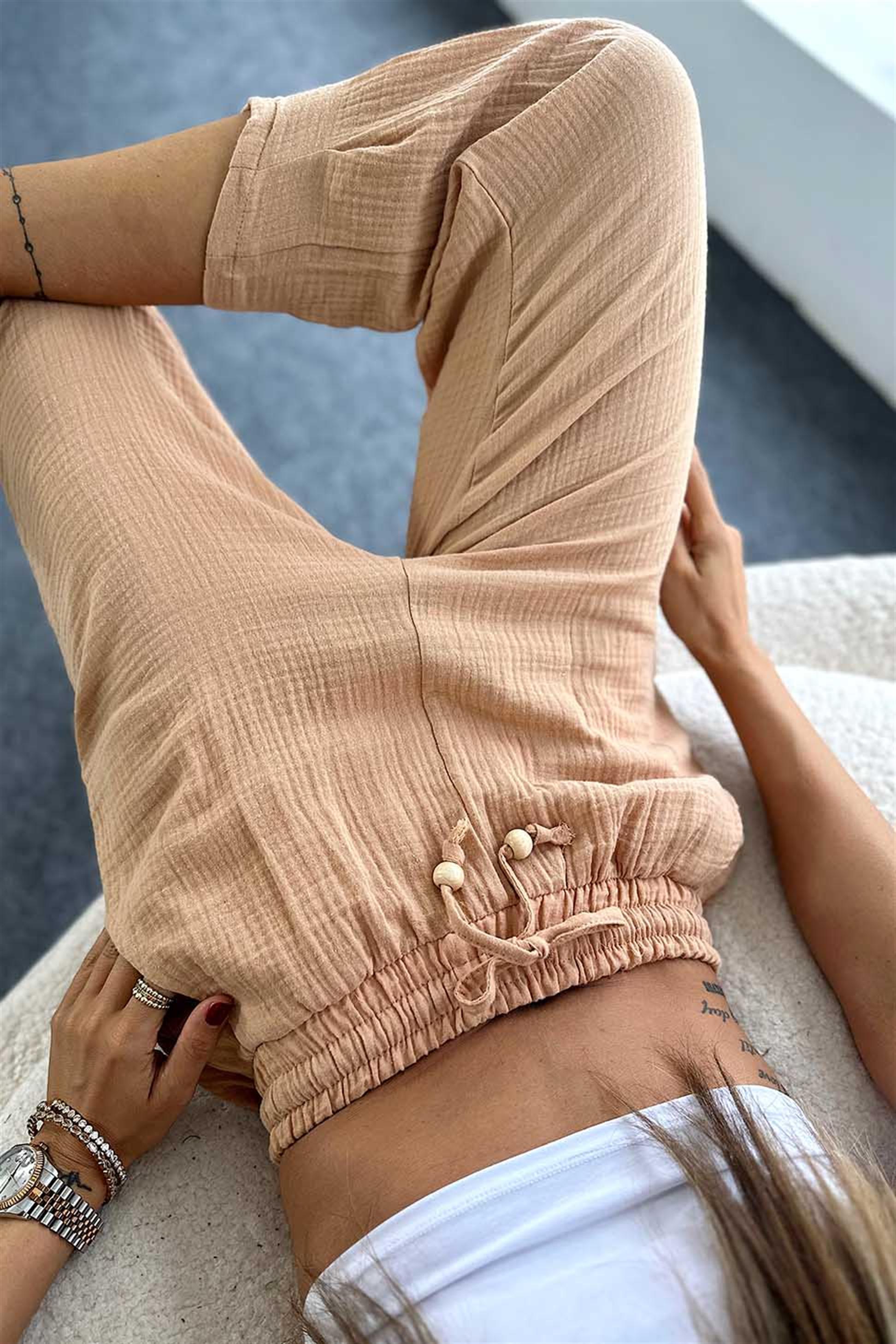 Pamuklu Müslin Kumaş Beli Lastikli Şalvar Pantolon Camel · 6