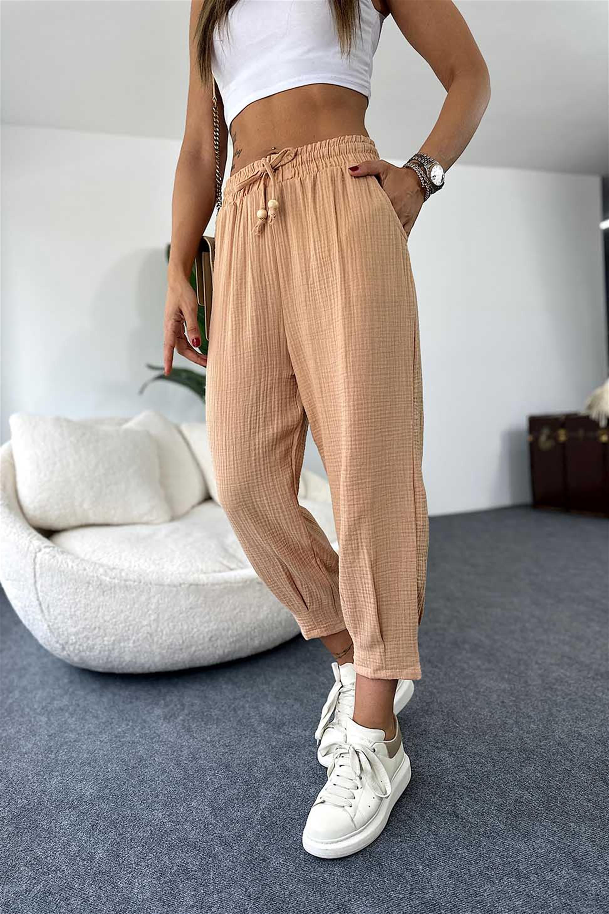 Pamuklu Müslin Kumaş Beli Lastikli Şalvar Pantolon Camel · 5