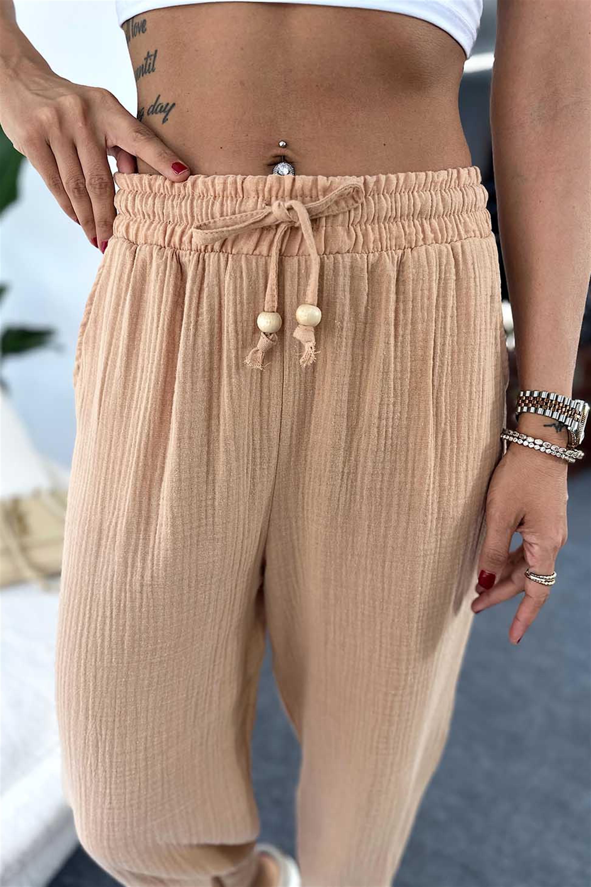 Pamuklu Müslin Kumaş Beli Lastikli Şalvar Pantolon Camel · 2