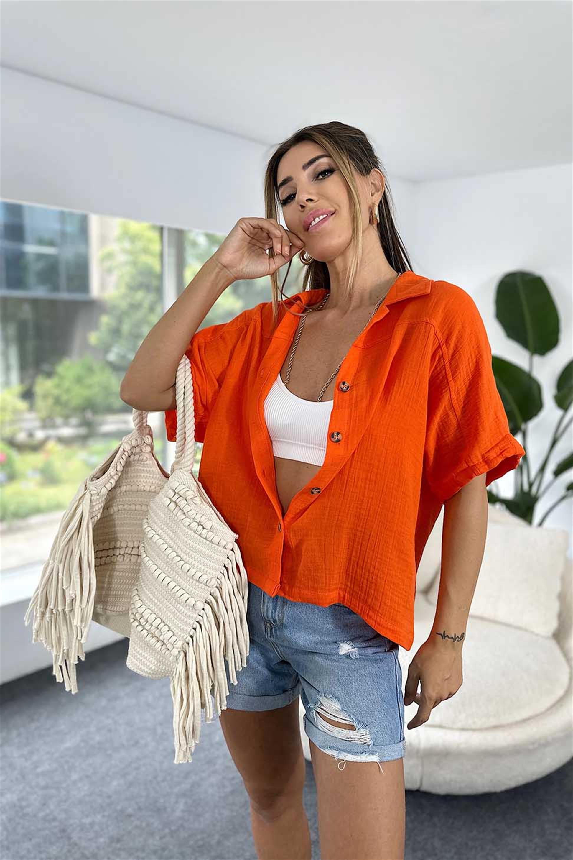 Pamuklu Müslin Kumaş Oversize Yazlık Kadın Gömlek Turuncu