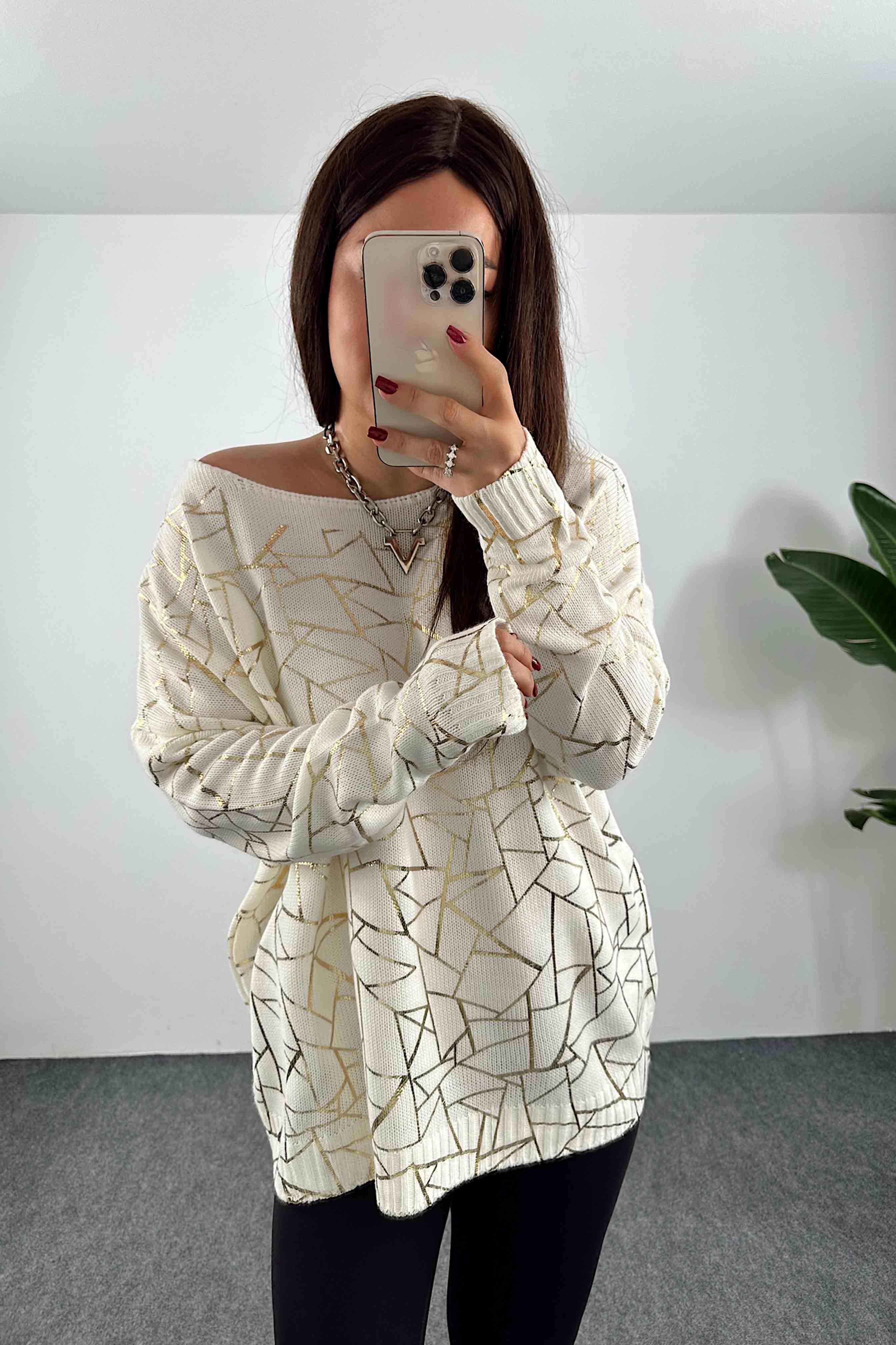 Pamuklu Örme Geometrik Yaldızlı Oversize Kazak Beyaz
