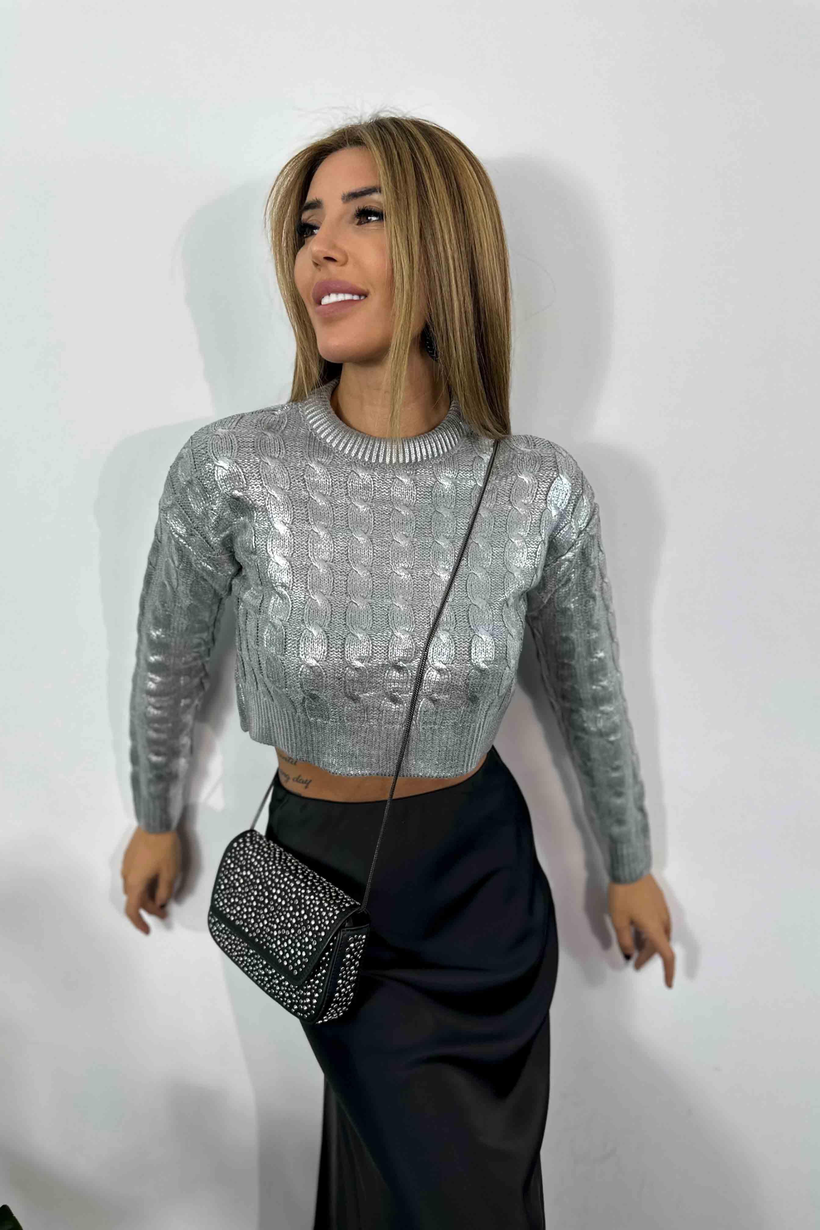 Pamuklu Örme Varaklı Crop Kazak Silver