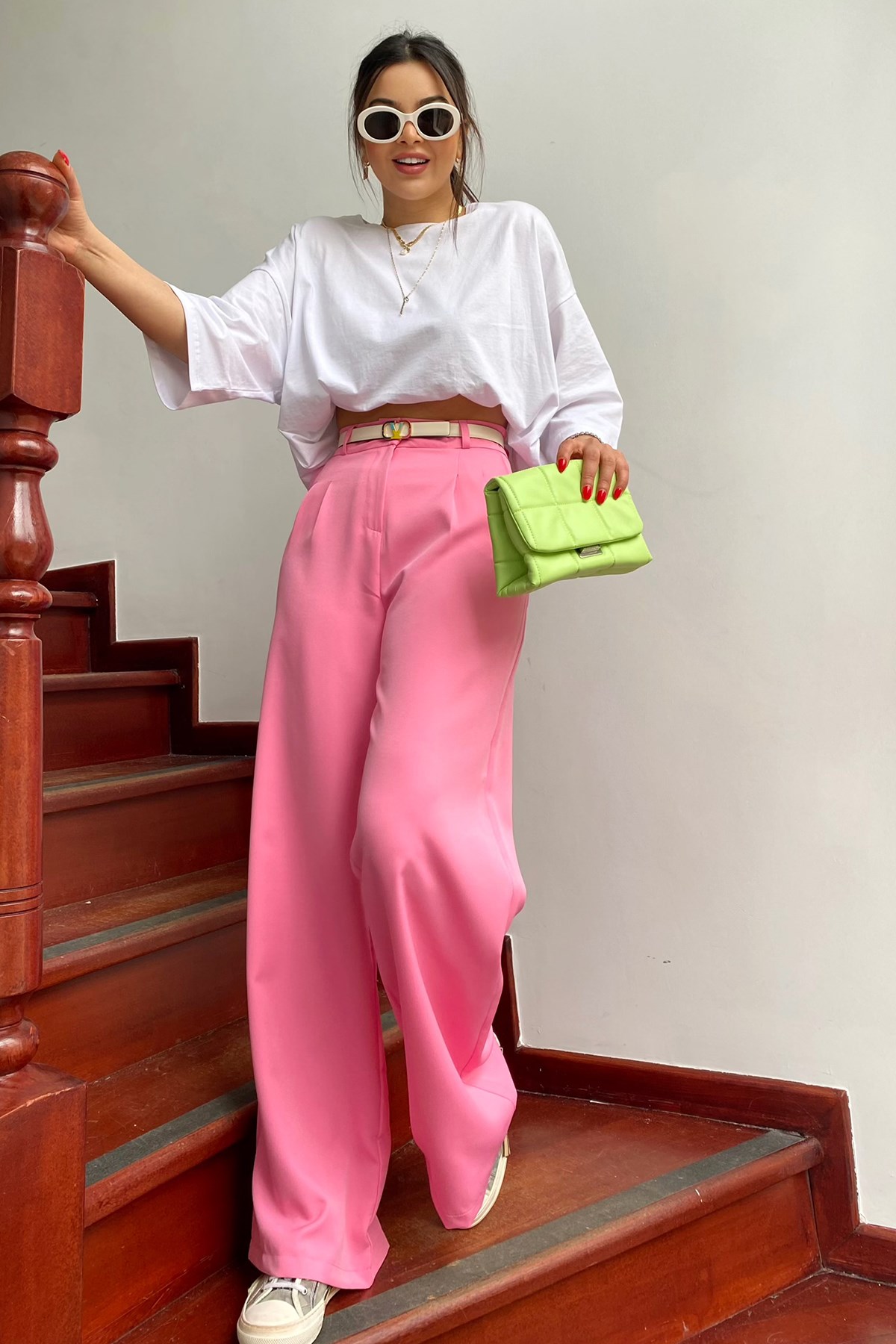 Pembe Beli Minik Pili Detay Tasarım Sunny Palazzo Pantolon