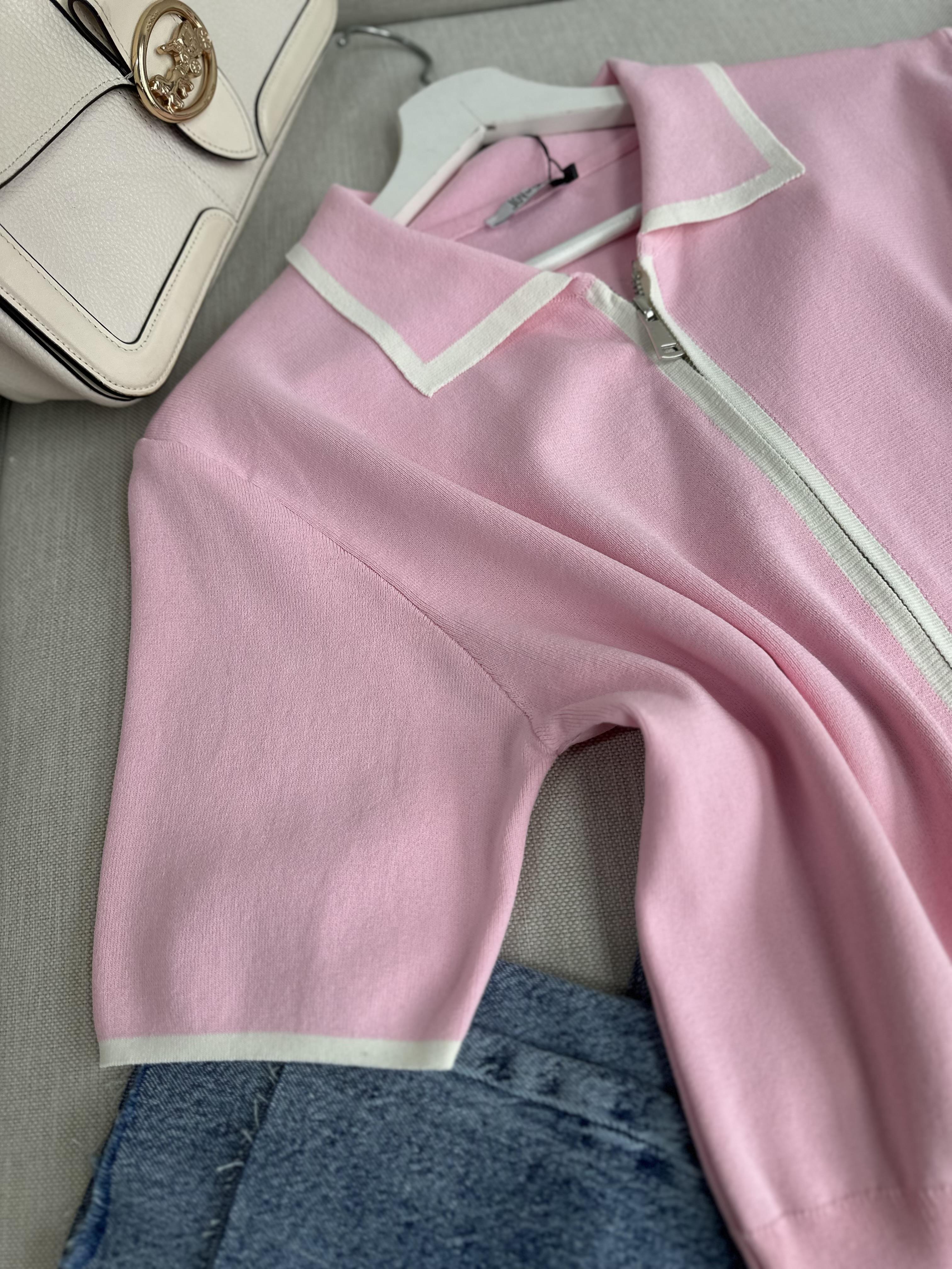 Pembe Biye Geçişli Çift Fermuarlı Tok Merserize Hırka