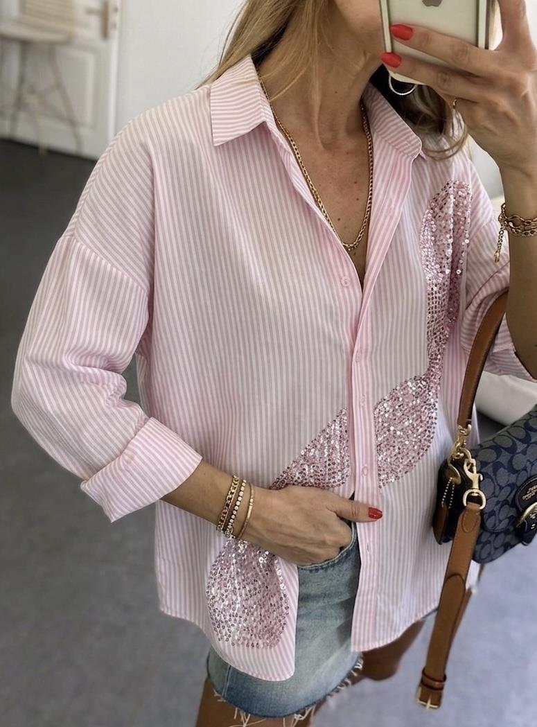 Pembe Boncuk İşlemeli Pera Oversize Gömlek