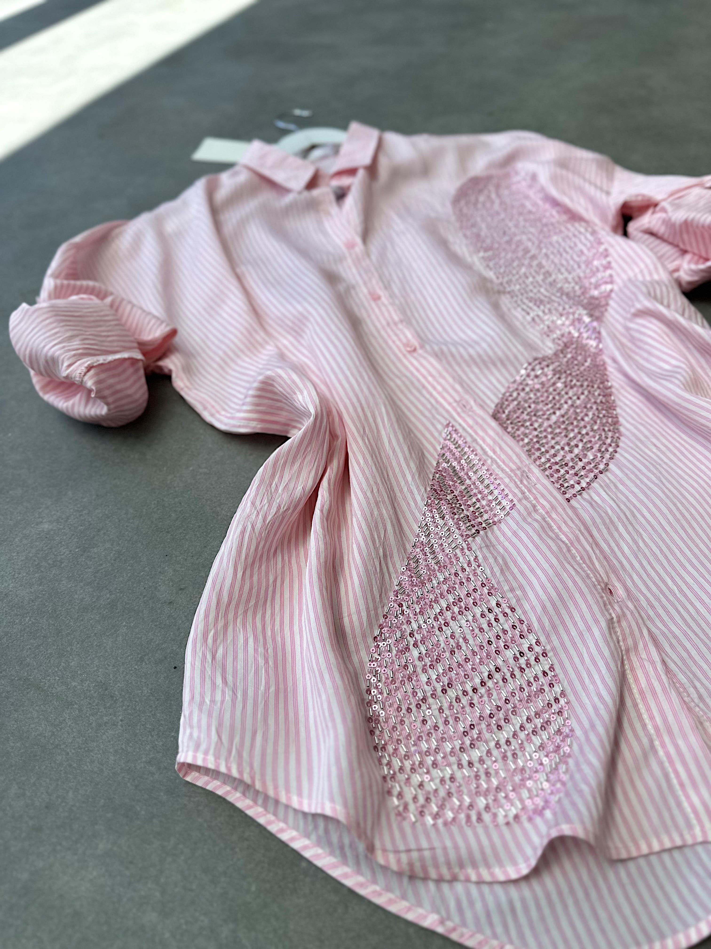 Pembe Boncuk İşlemeli Pera Oversize Gömlek