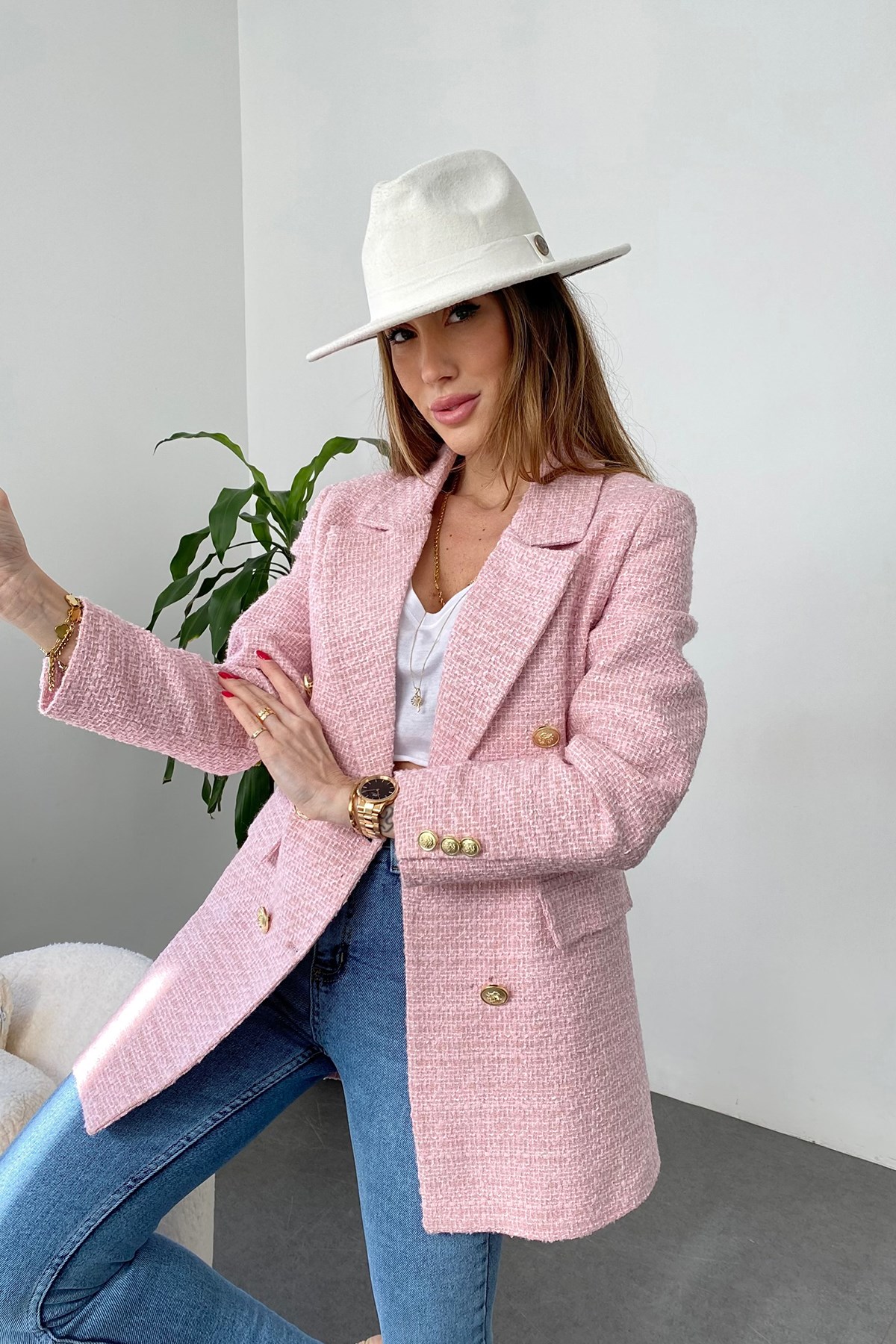 Pembe Çoklu Gold Düğme Detay Cepli Tüvit Blazer