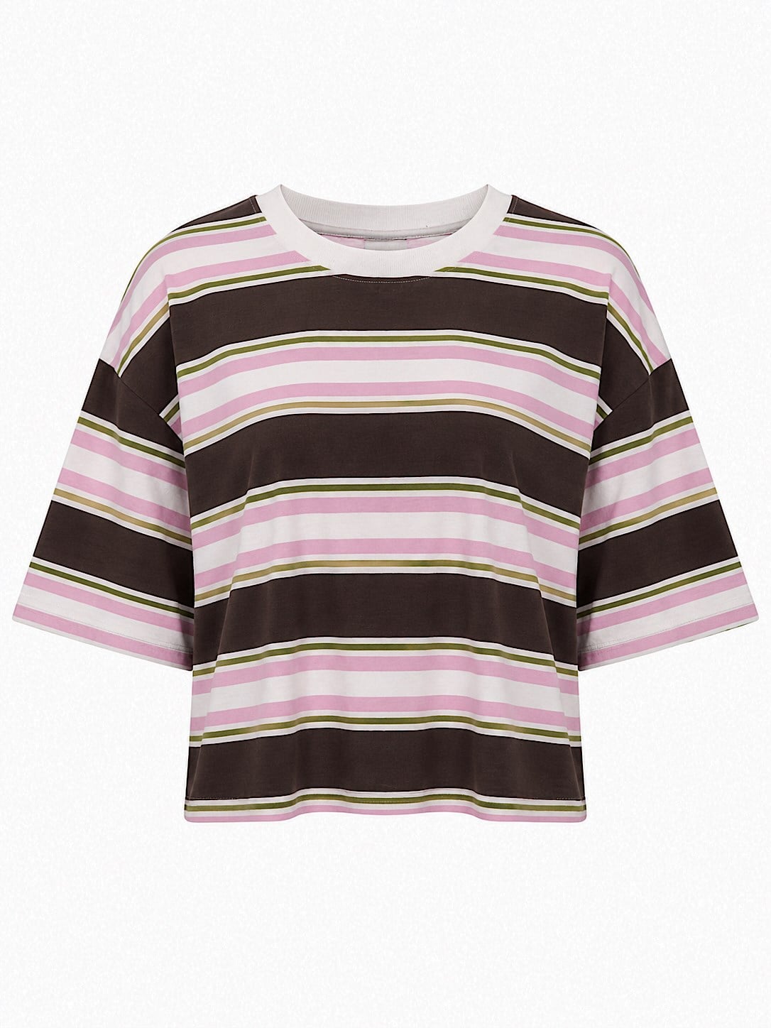 Pembe Kahve Çizgi Desenli Basic Tshirt