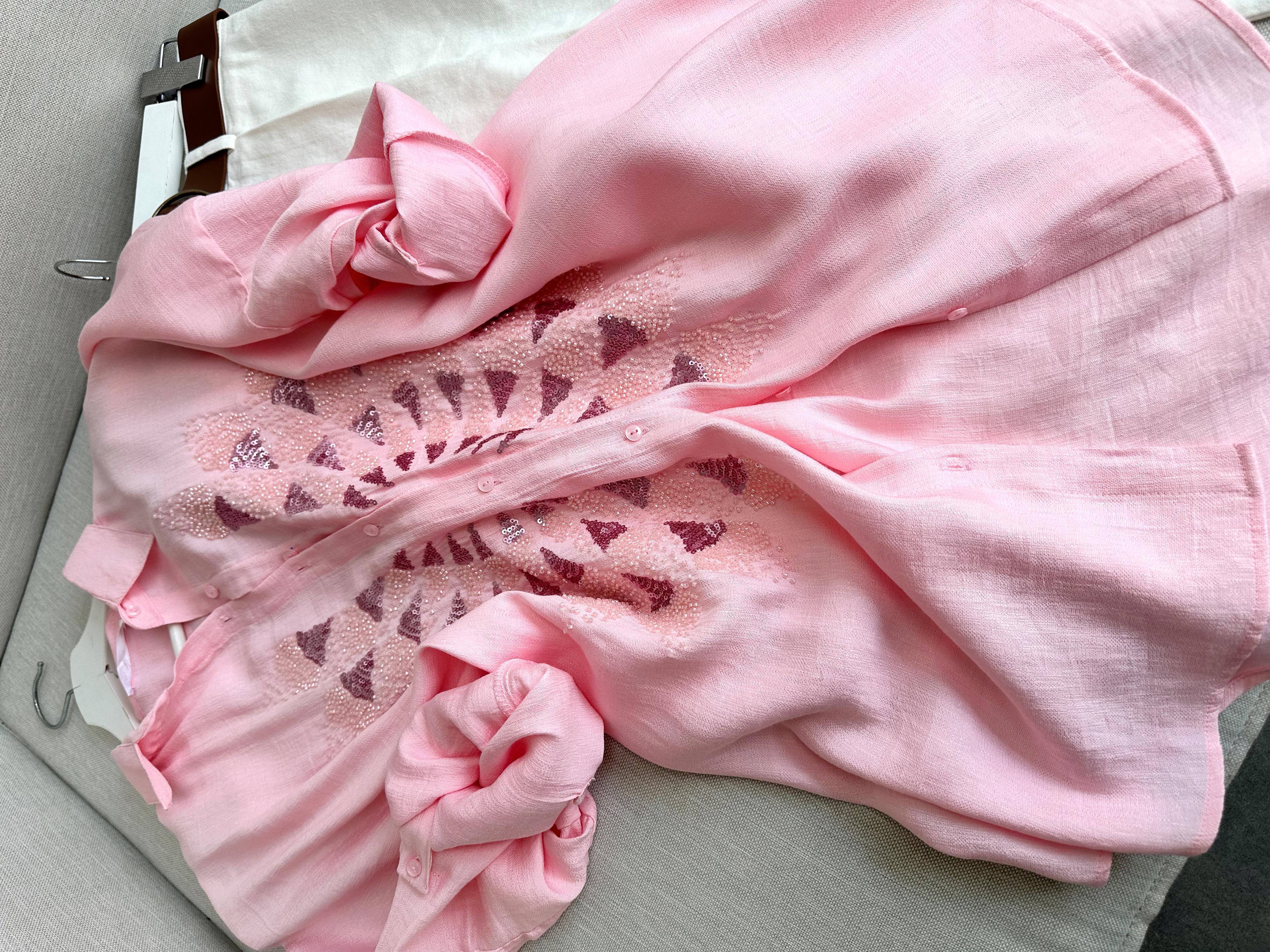 Pembe Serpme Boncuk ve Pul İşlemeli Eftelya Gömlek