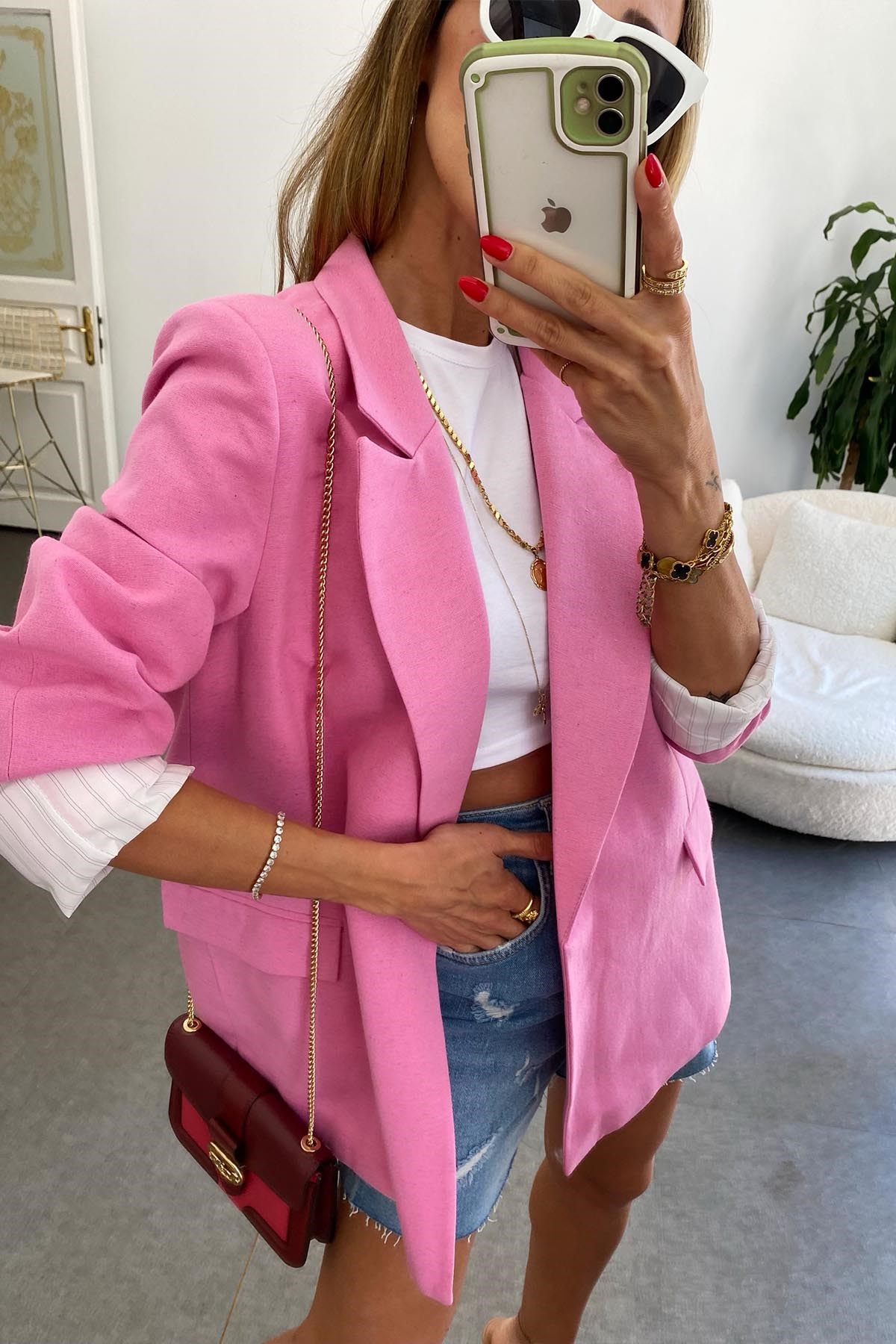 Pembe Tek Düğmeli Kolu Katlanabilir Tasarım Oversize Olea Ceket