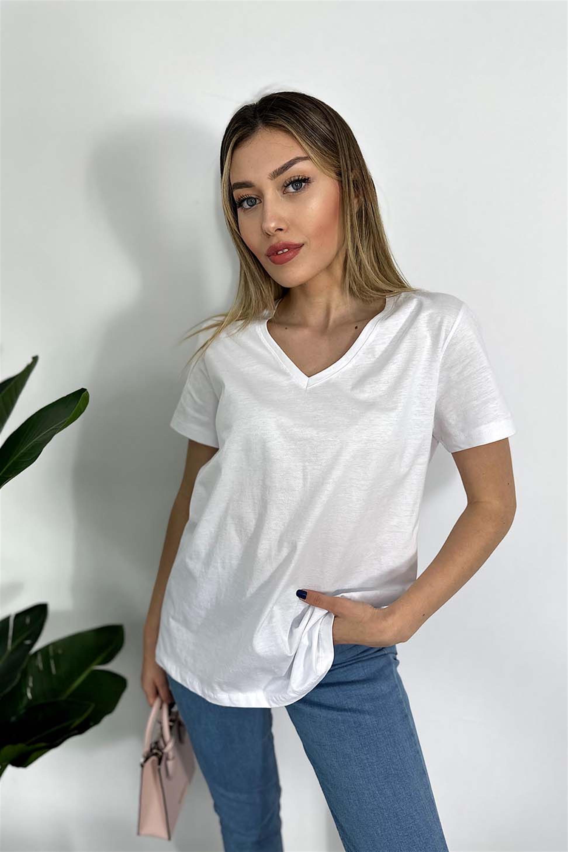 Penye Kumaş V Yaka Basic Tişört Beyaz