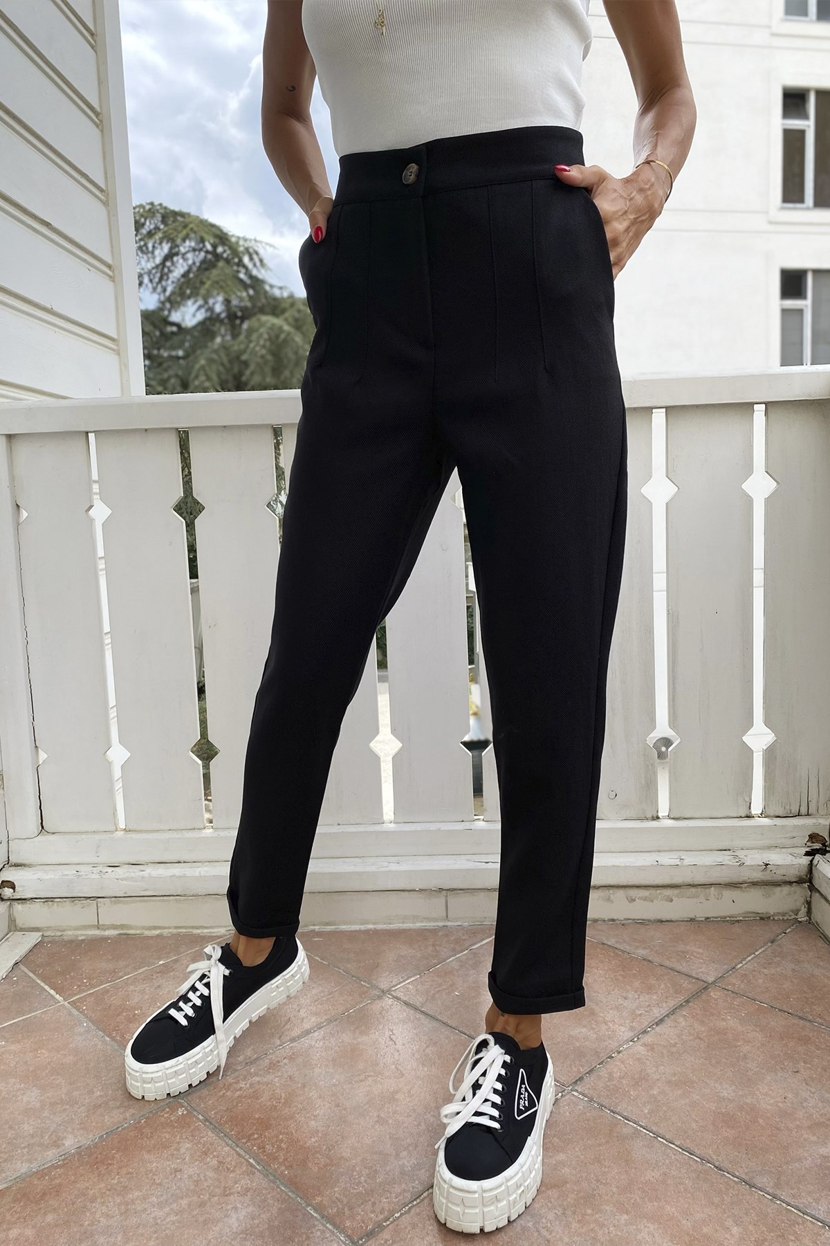 Pile Dikiş Detay Kadın Kumaş Pantolon Siyah - Butik Gardrop