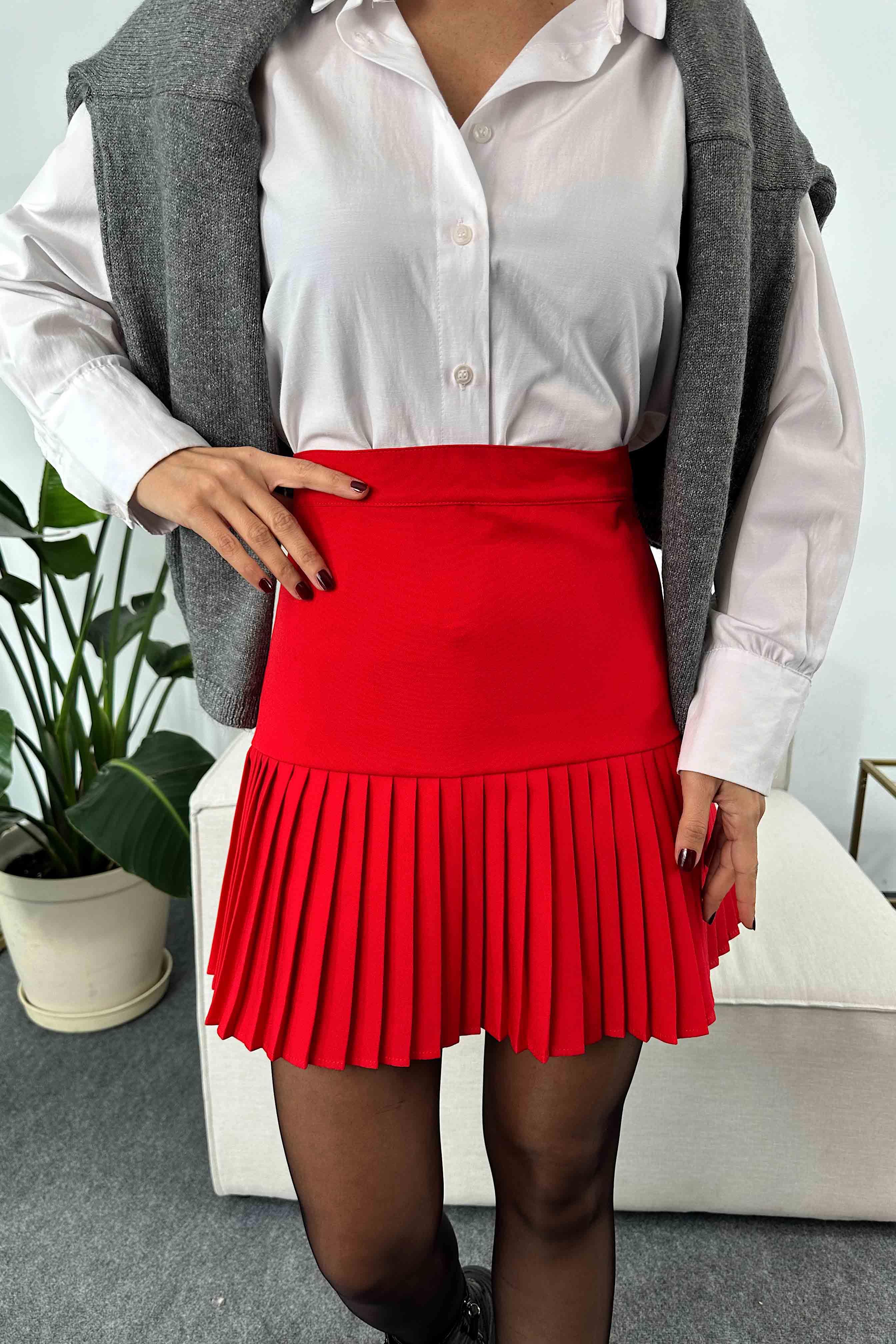 Pileli Mini Etek Kırmızı