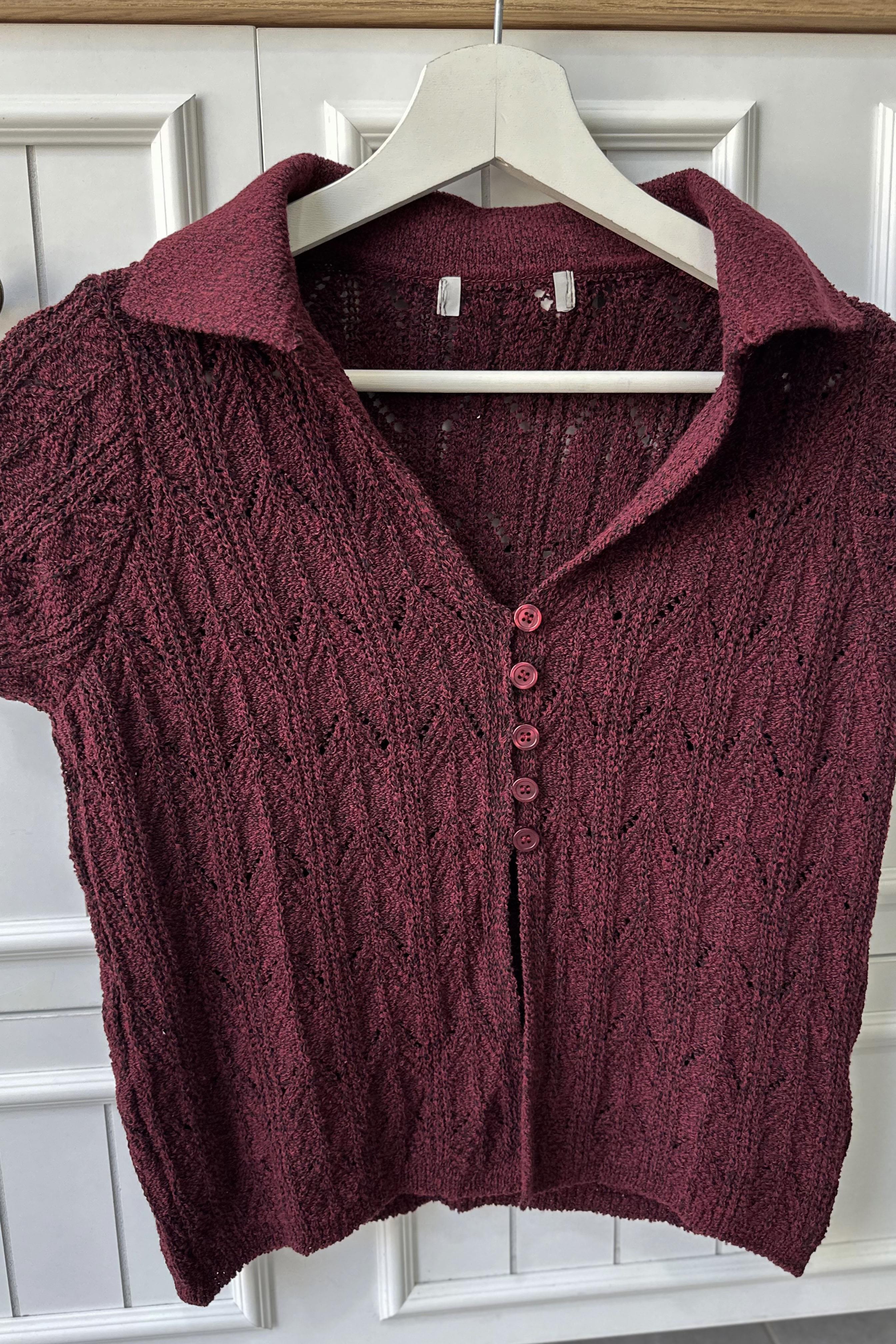 Polo Yaka Düğmeli Triko Bluz Bordo