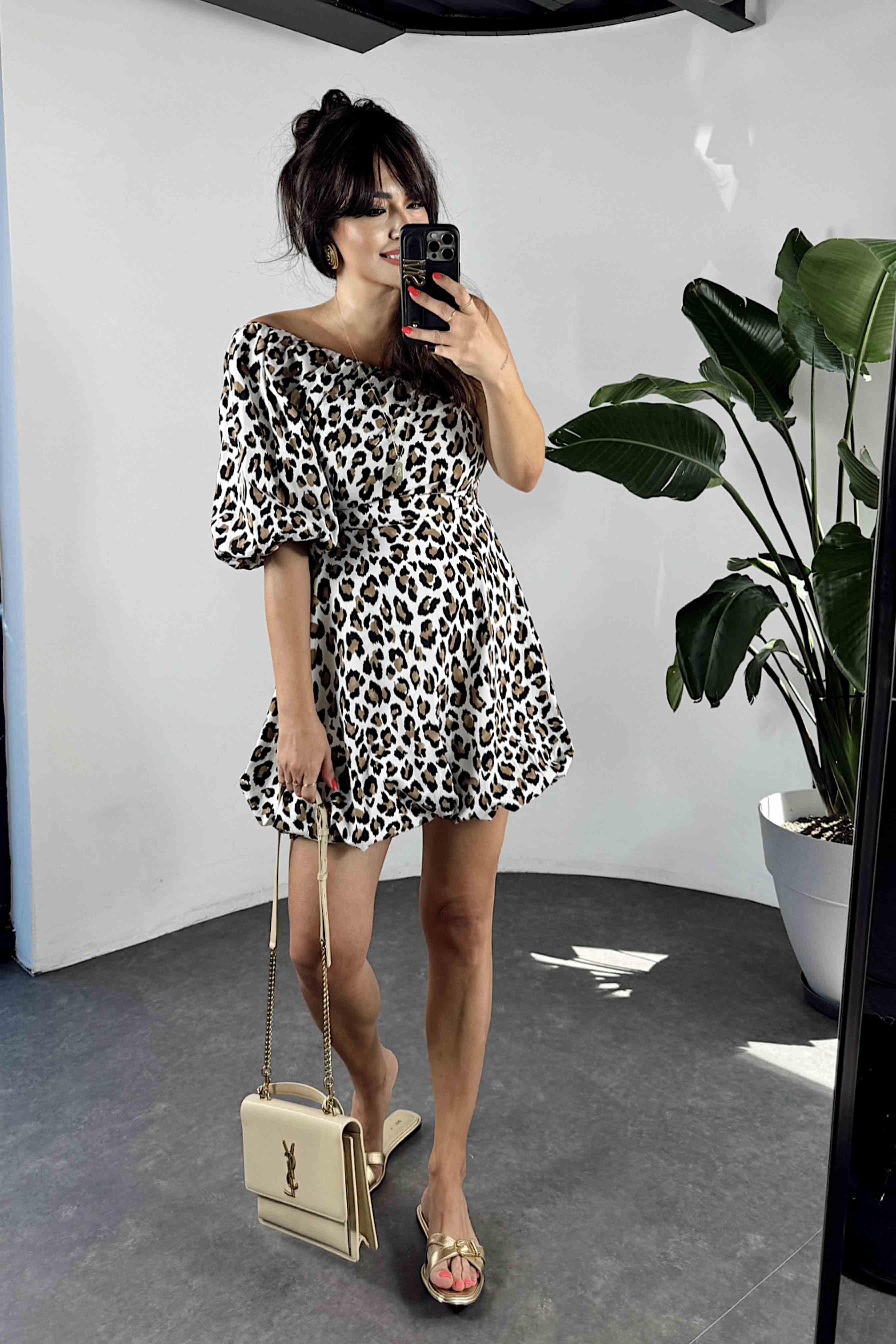 Poplin Kumaş Balon Kol Mini Elbise Leopar