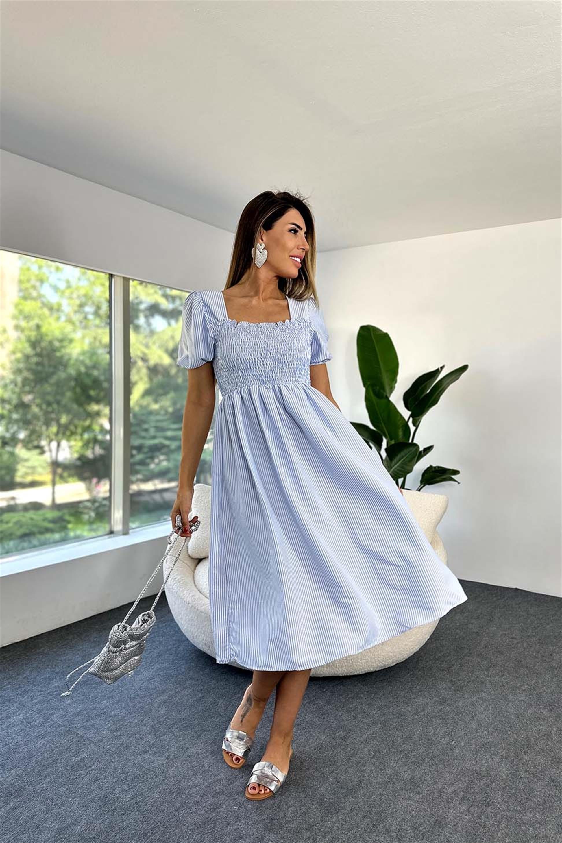 Poplin Kumaş Çizgili Prenses Kol Gipeli Midi Elbise Mavi