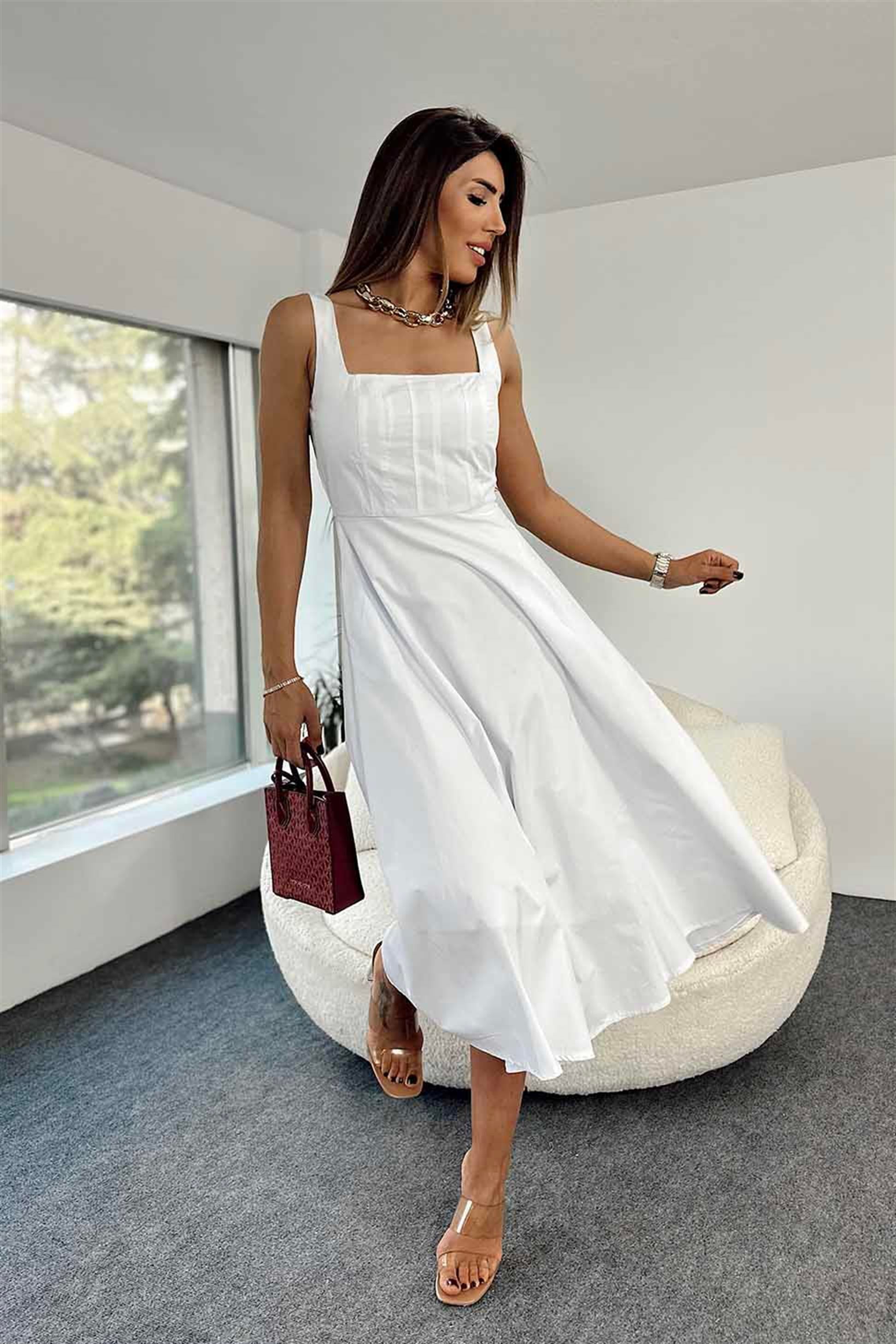 Poplin Kumaş Kare Yaka Midi Elbise Beyaz