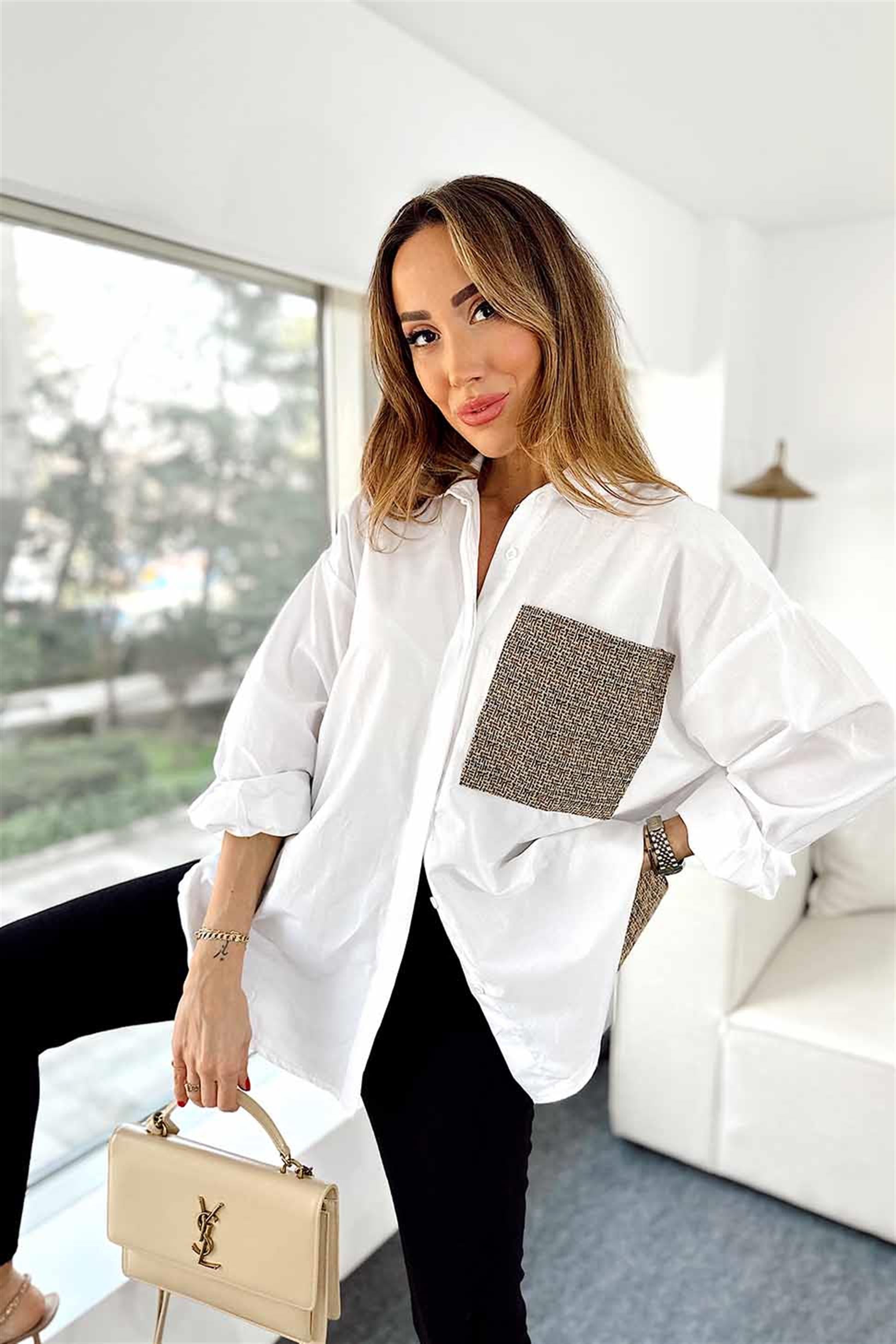 Poplin Kumaş Nakış Desenli Aplike Gömlek Kahve