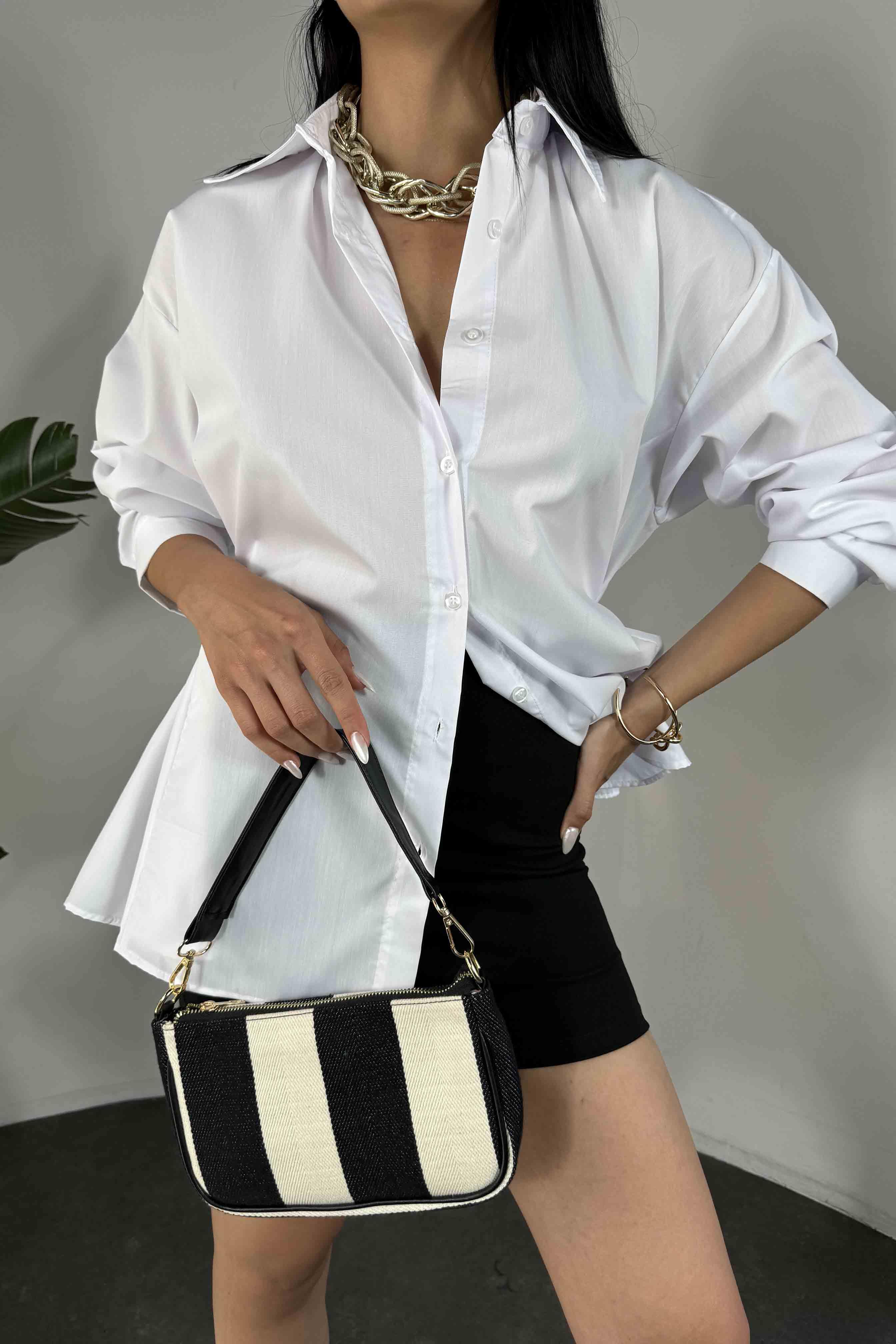 Poplin Kumaş Yandan Düğmeli Tasarım Kadın Gömlek Mavi Beyaz