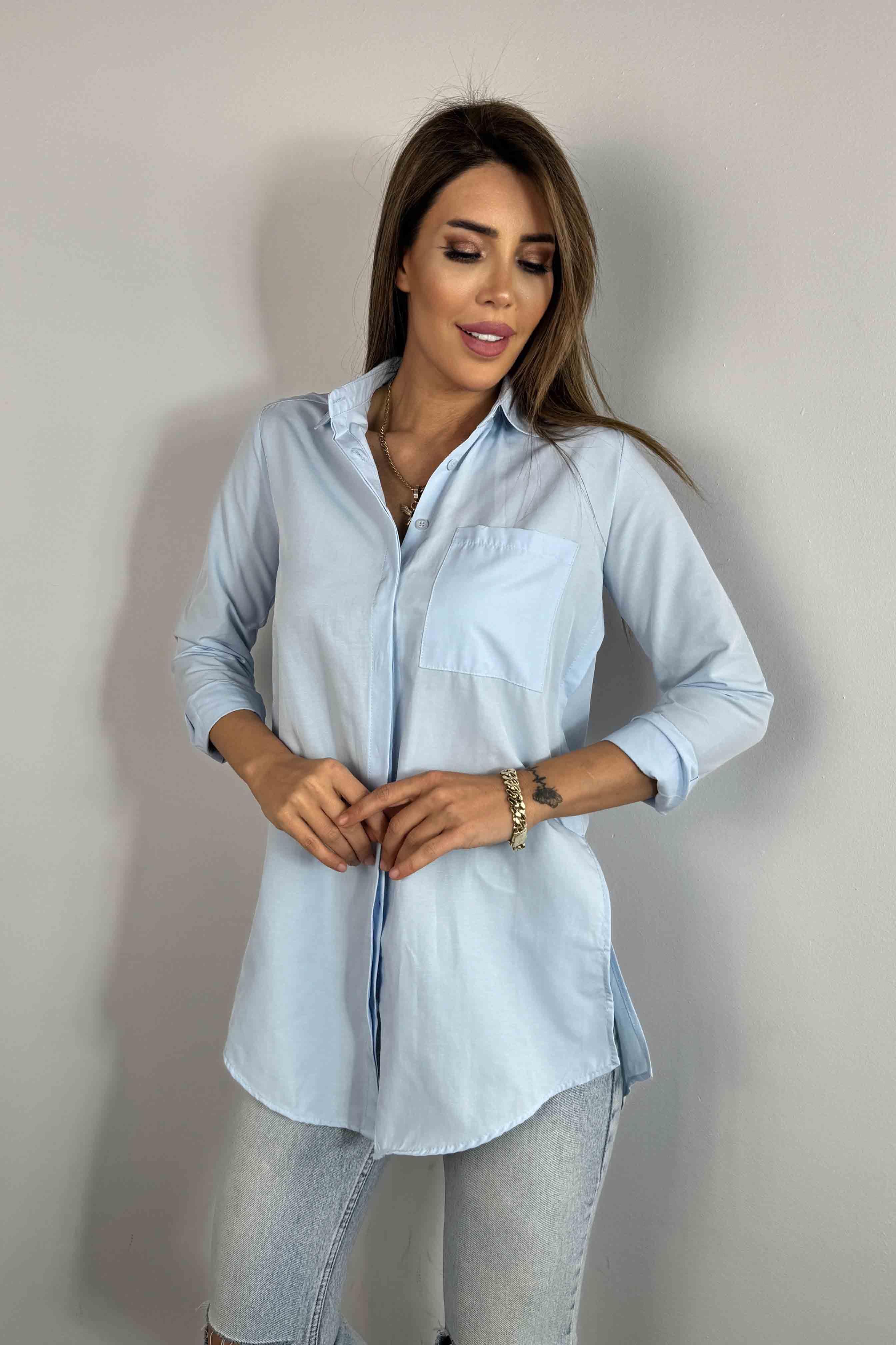 Poplin Kumaş Yırtmaçlı Kadın Gömlek Bebe Mavisi