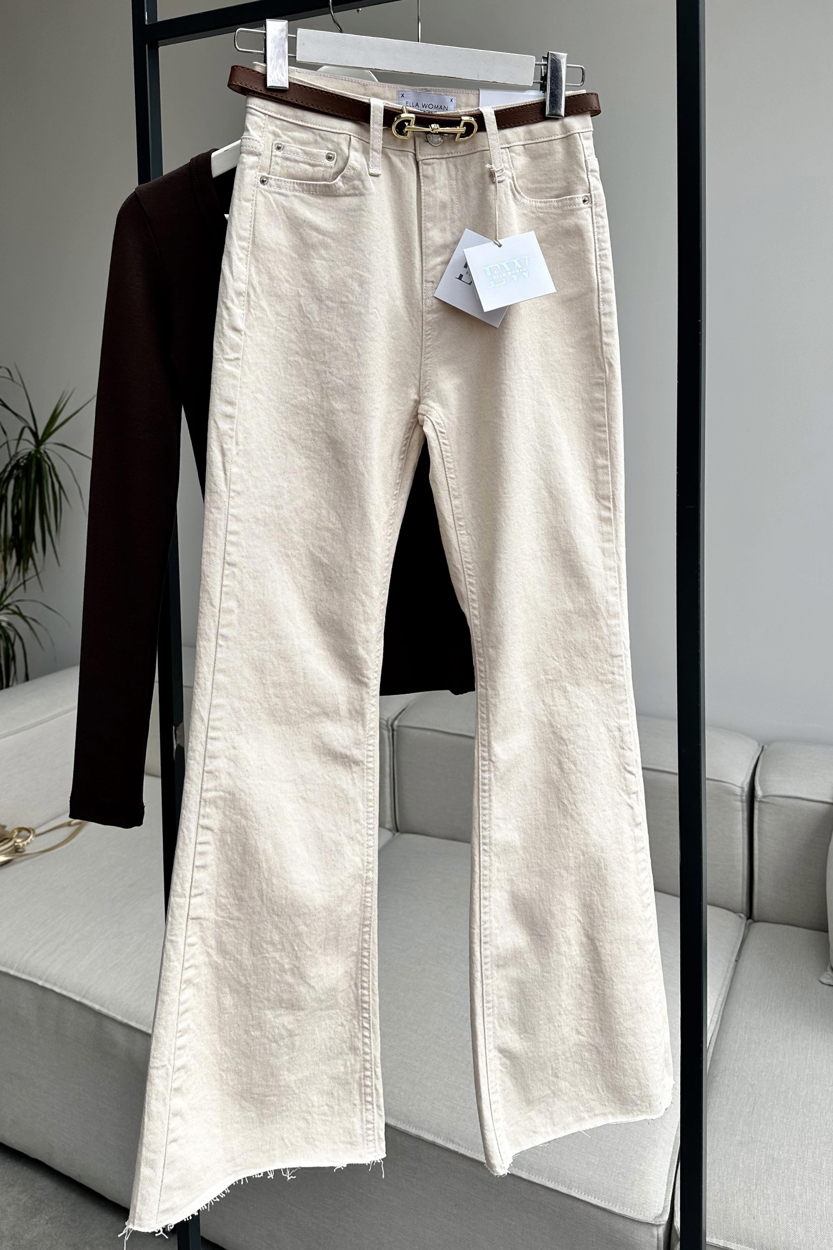 Premium Dokulu Yüksek Bel Yarı İspnayol Jean Pantolon Bej