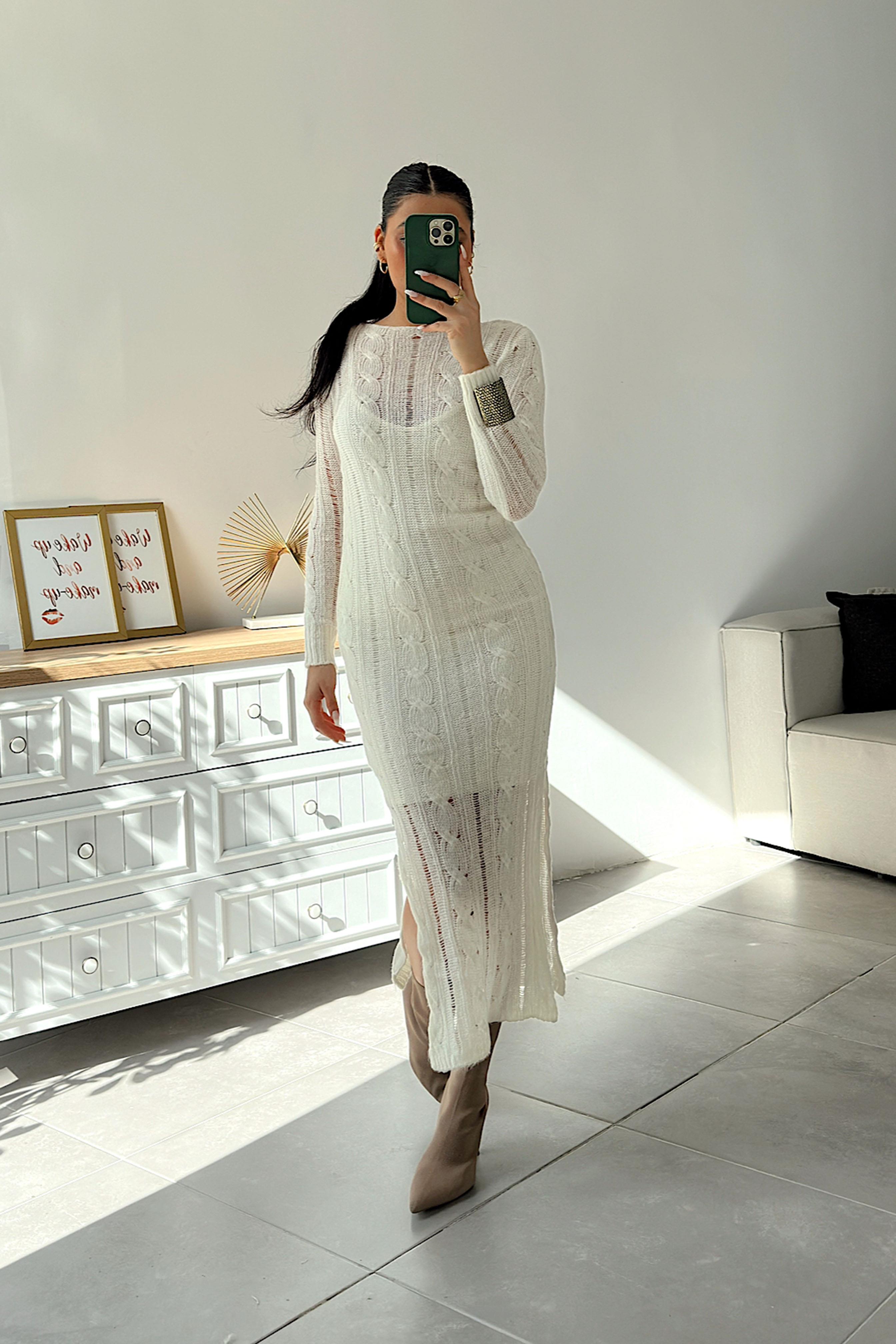 Premium Kalite Ajurlu Triko Elbise Ekru