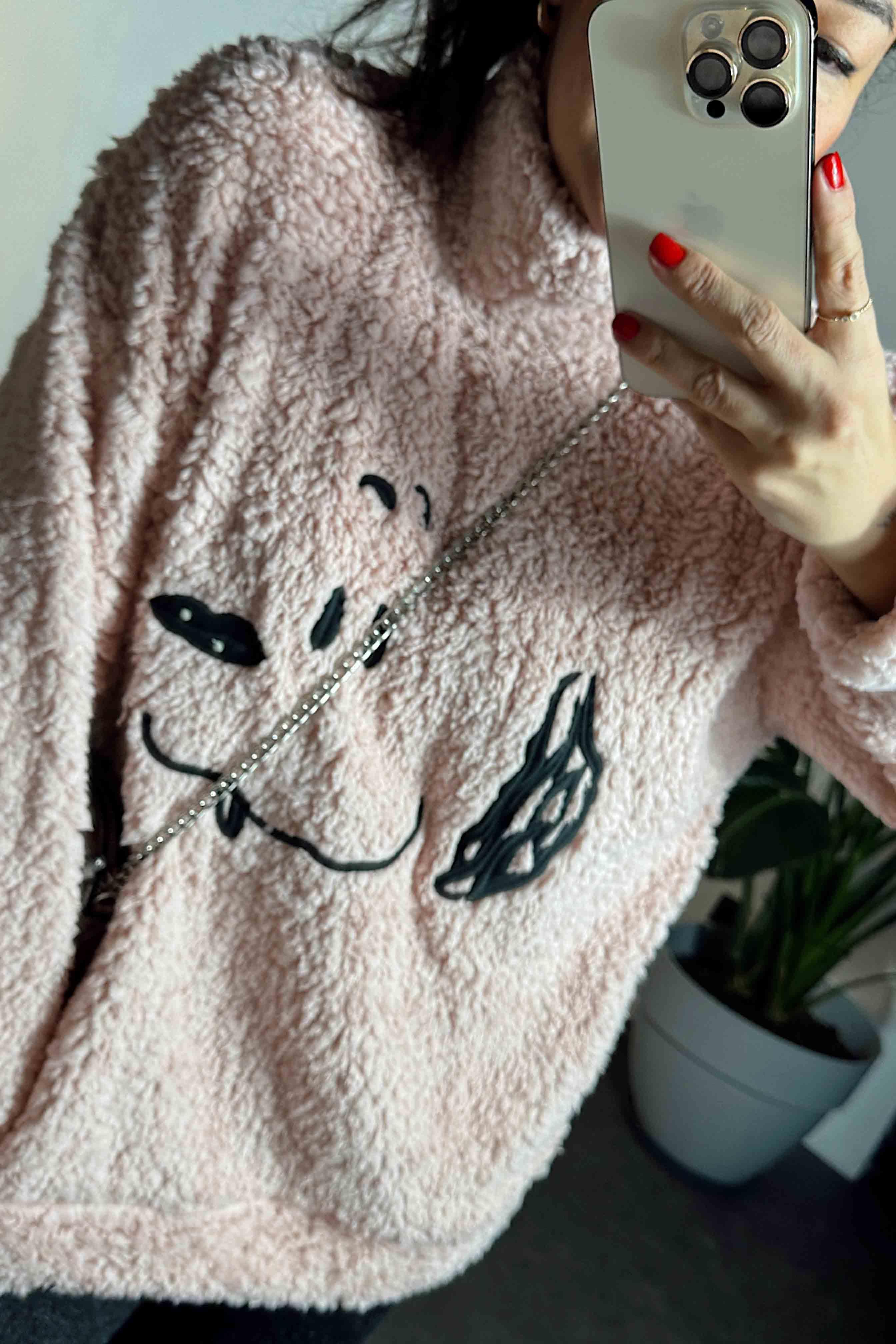 Premium Kalite Balıkçı Yaka Bakış İşlemeli Sweat Toz Pembe