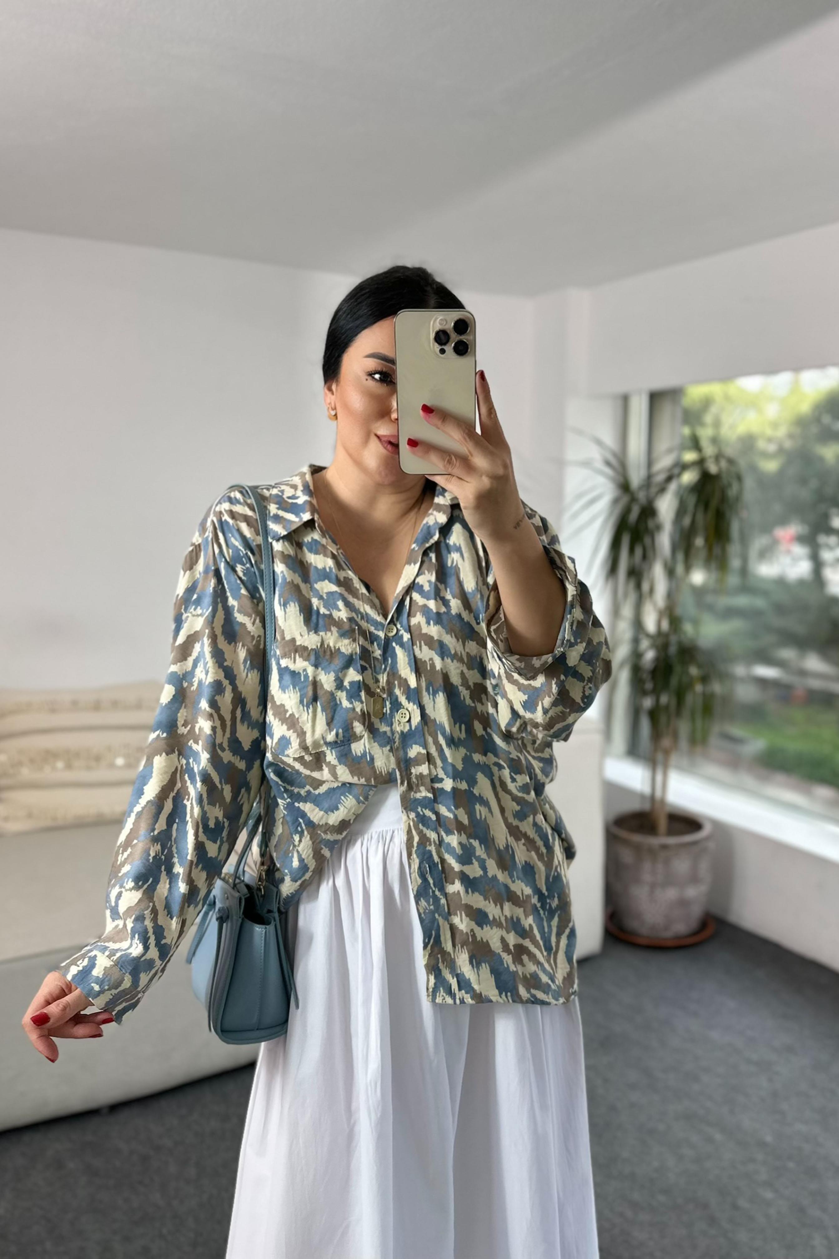 Premium Kalite Batik Desenli Basic Gömlek Mavi