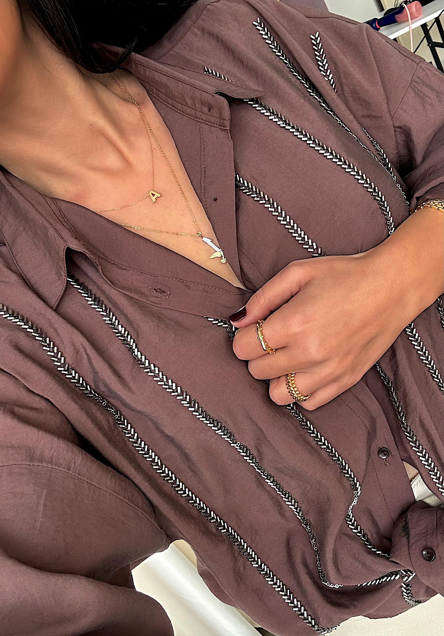 Premium Kalite Boncuk İşleme Rahat Kesim Gömlek Acı Kahve