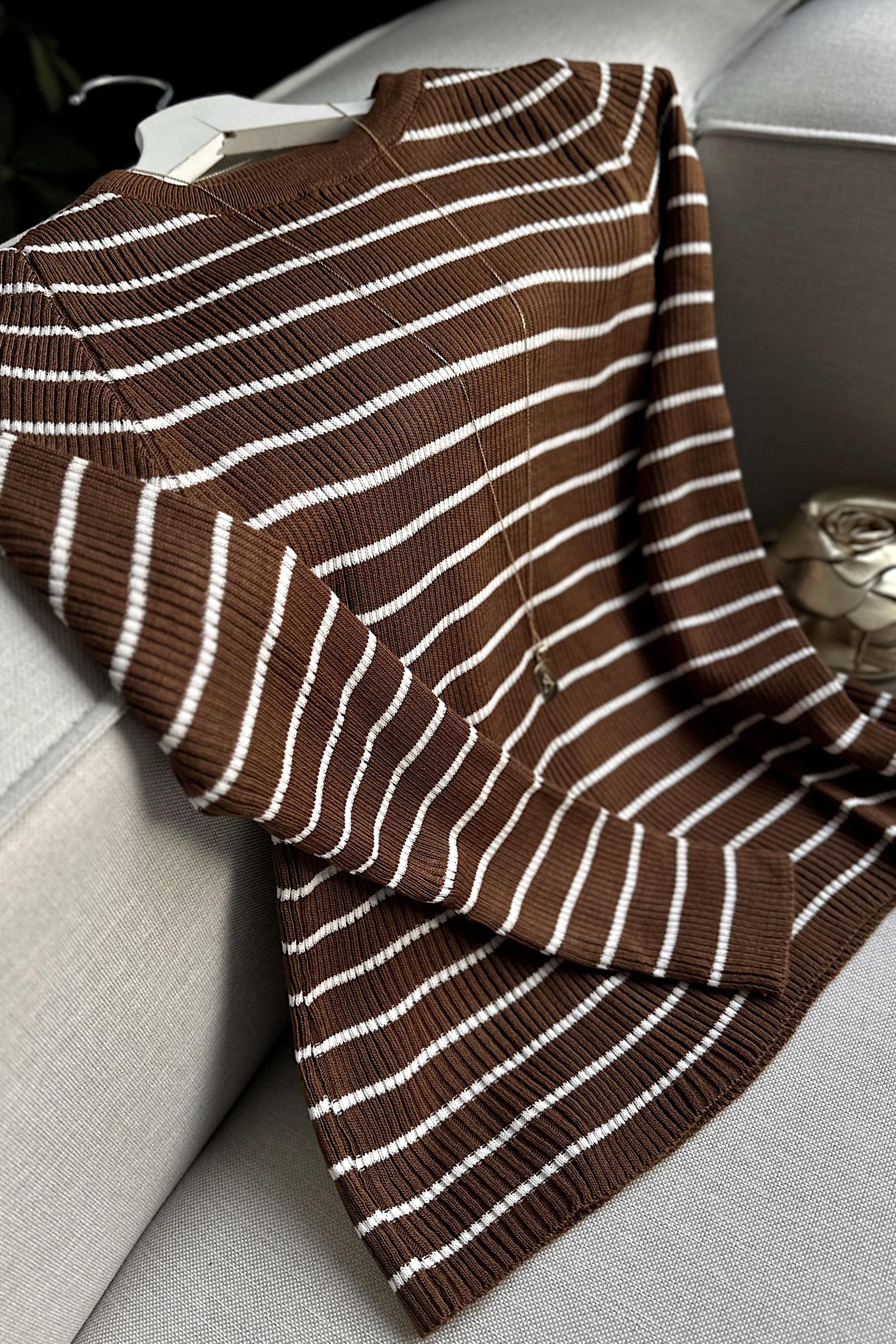 Premium Kalite Çizgili Triko Bluz Acı Kahve