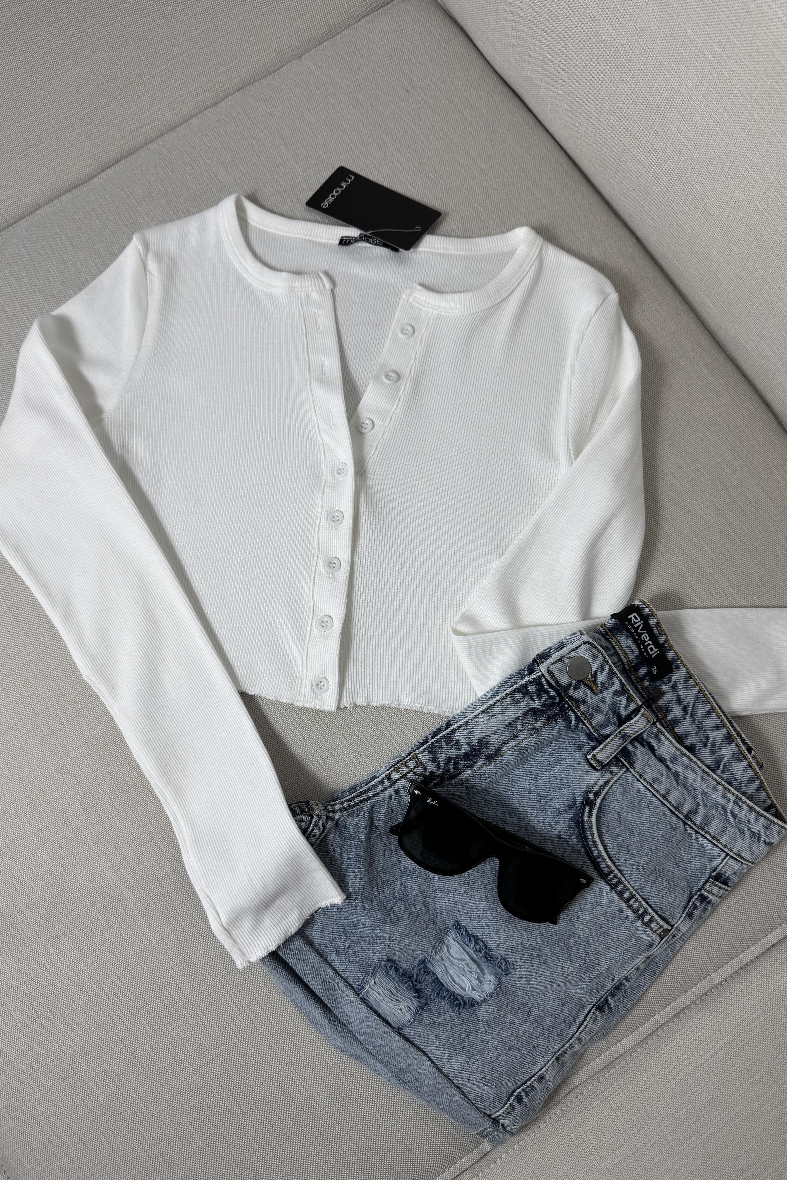 Premium Kalite Düğme Detaylı Fitilli Crop Bluz Ekru