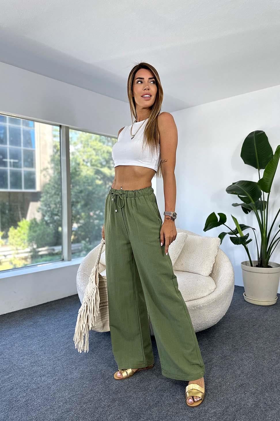 Premium Kalite Ham Keten Beli İp ve Lastikli Salaş Kadın Pantolon Haki