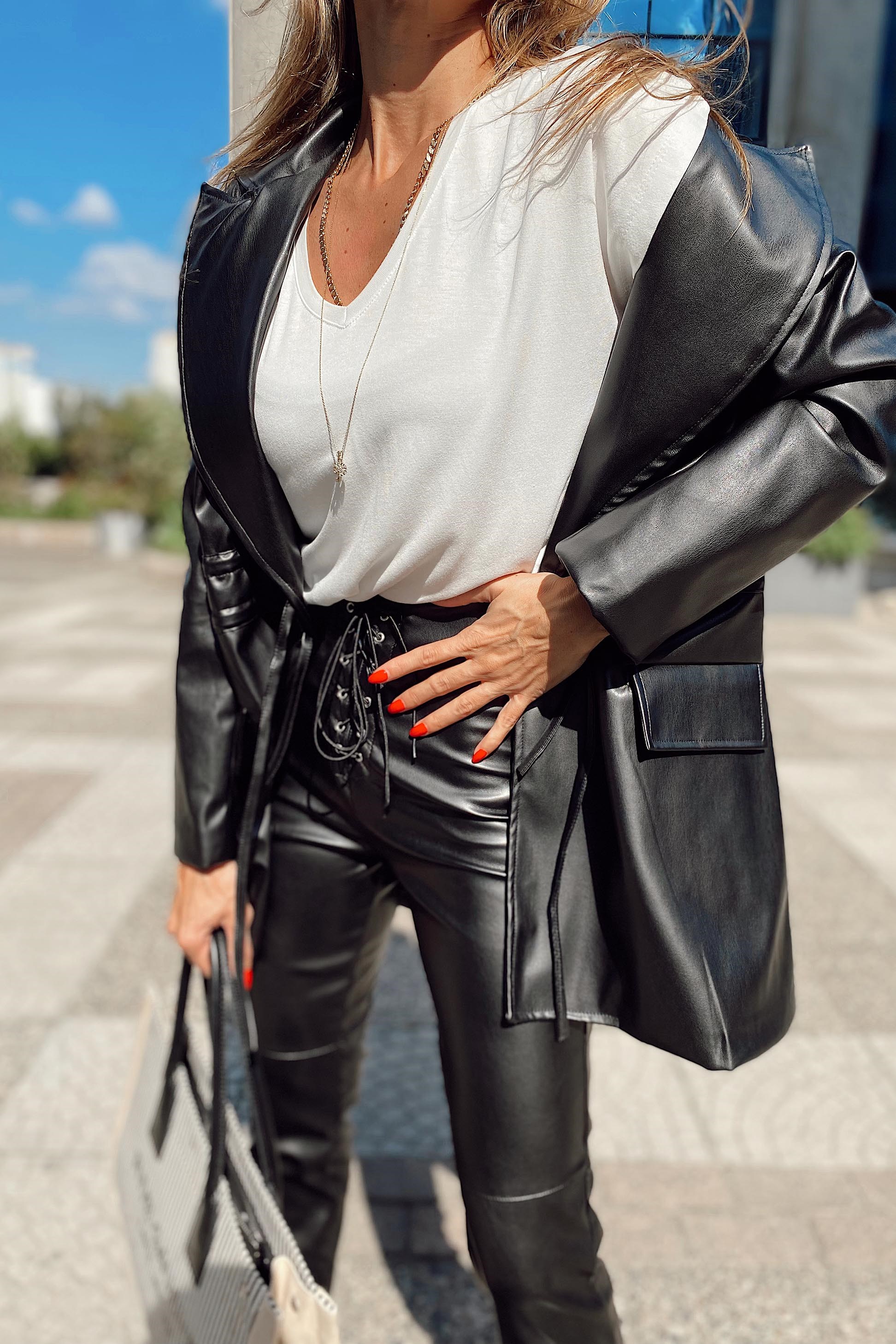 Premium Kalite İp Büzgülü Deri Blazer Ceket Siyah · 6